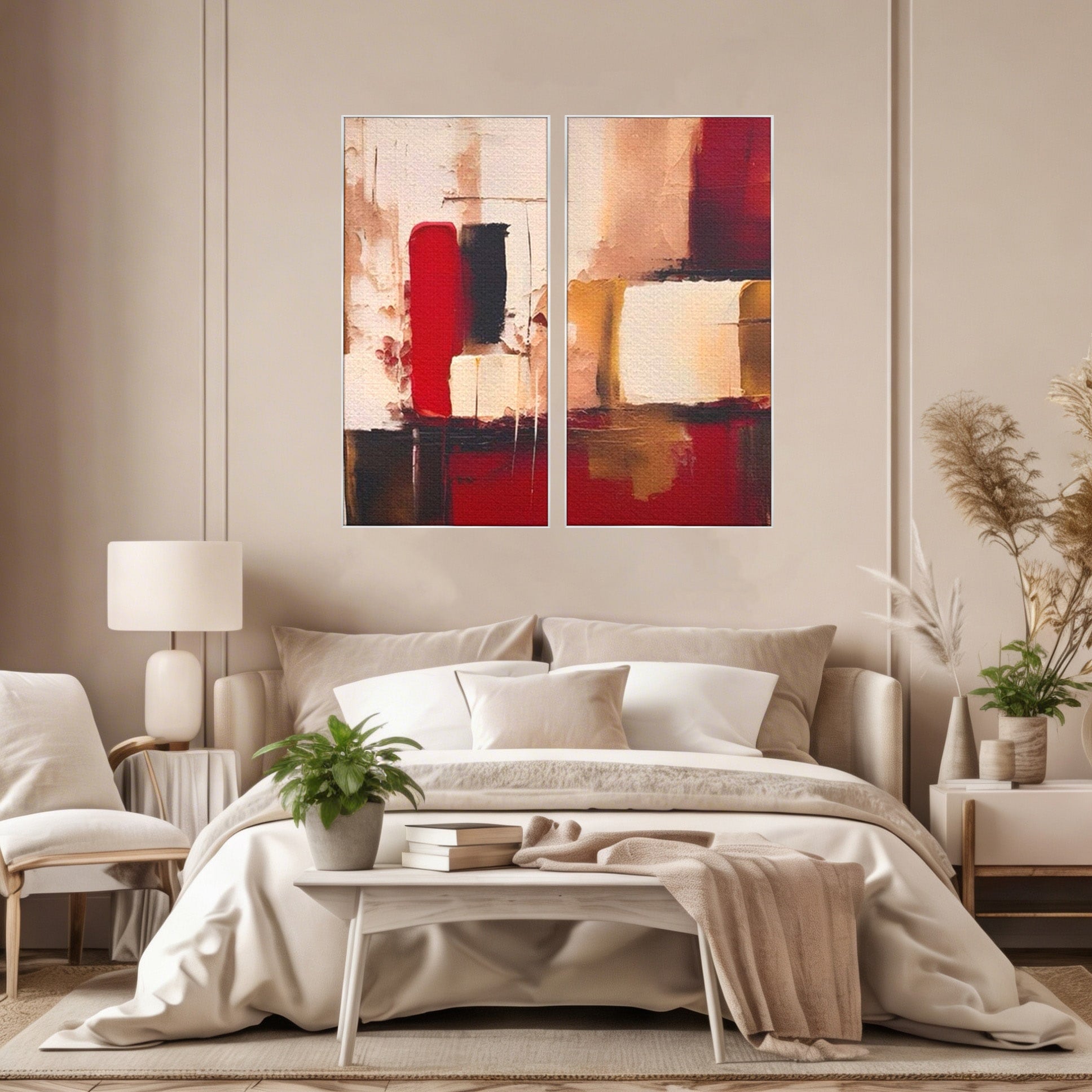 Set 2 Tablouri Canvas Premium LuxCanva® A2-1587, Red Squares, Room, Orizontal, Patrate, Decorativ, Abstract, Living, Culori Vibrante