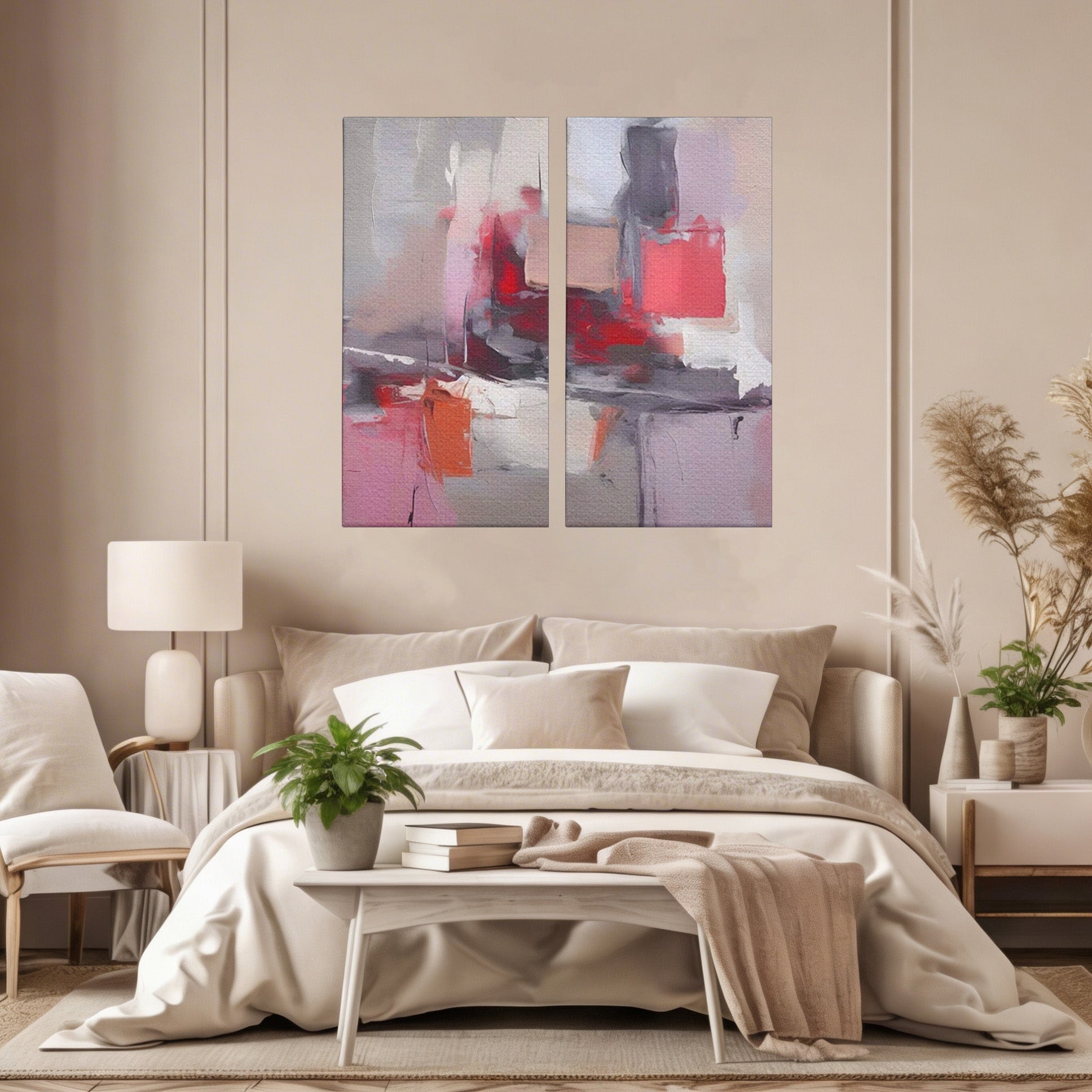 Set 2 Tablouri Canvas Premium LuxCanva® A2-1595, Transformare Graduala, Dormitor, Simfonie, Rosu, Contrast, Decorativ, Culori Vibrante