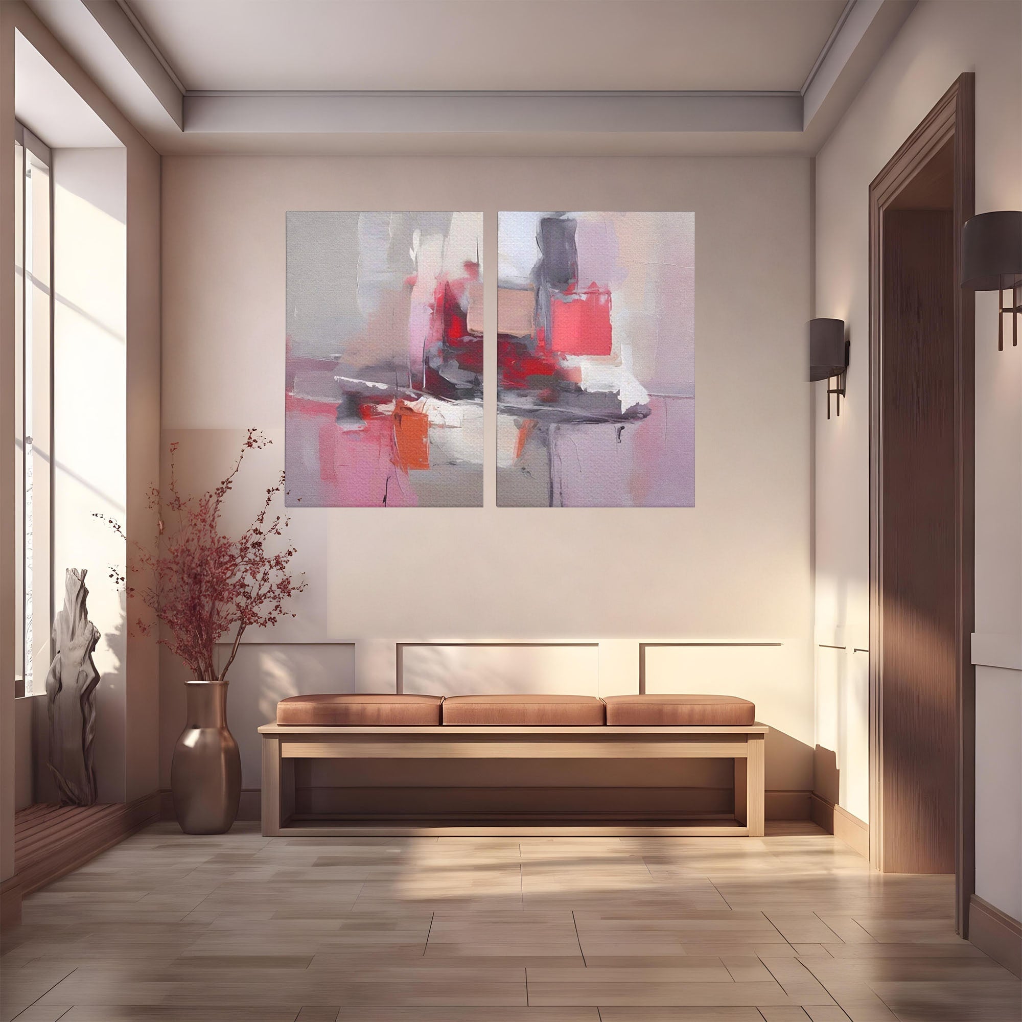 Set 2 Tablouri Canvas Premium LuxCanva® A2-1595, Transformare Graduala, Dormitor, Simfonie, Rosu, Contrast, Decorativ, Culori Vibrante