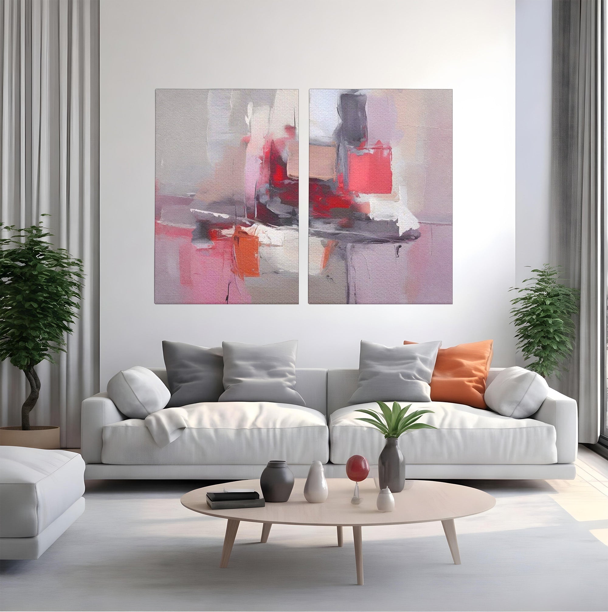 Set 2 Tablouri Canvas Premium LuxCanva® A2-1595, Transformare Graduala, Dormitor, Simfonie, Rosu, Contrast, Decorativ, Culori Vibrante