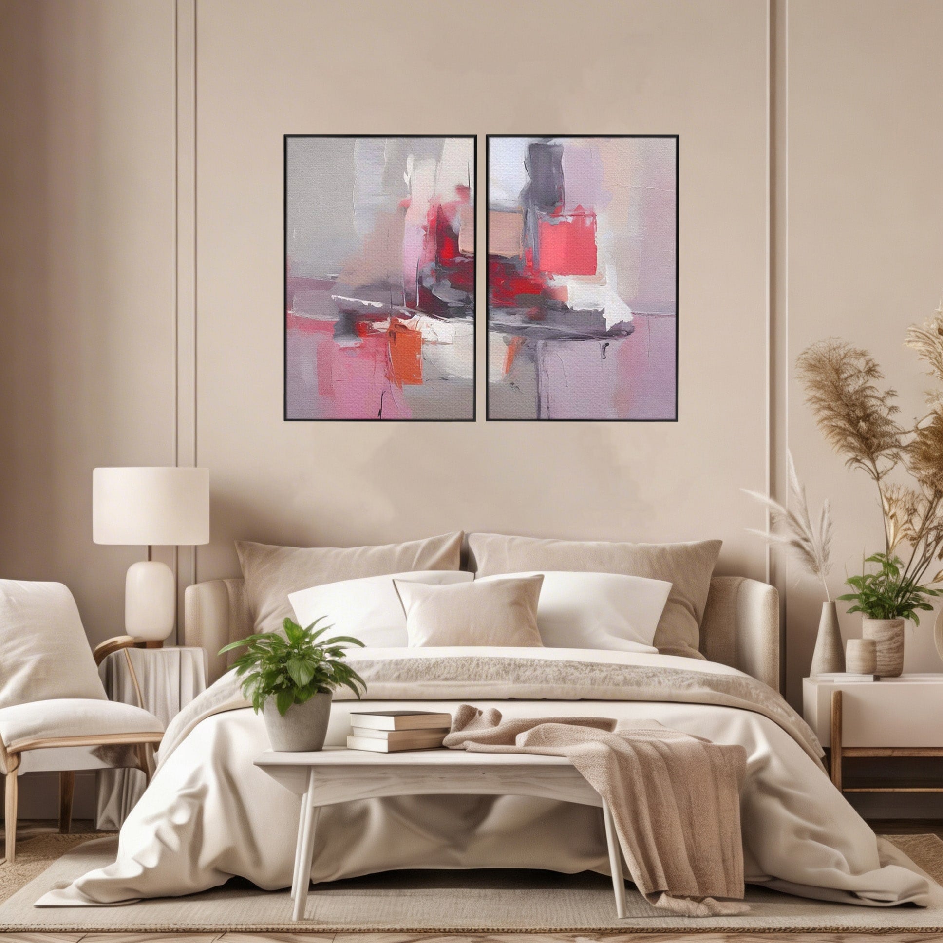 Set 2 Tablouri Canvas Premium LuxCanva® A2-1595, Transformare Graduala, Dormitor, Simfonie, Rosu, Contrast, Decorativ, Culori Vibrante