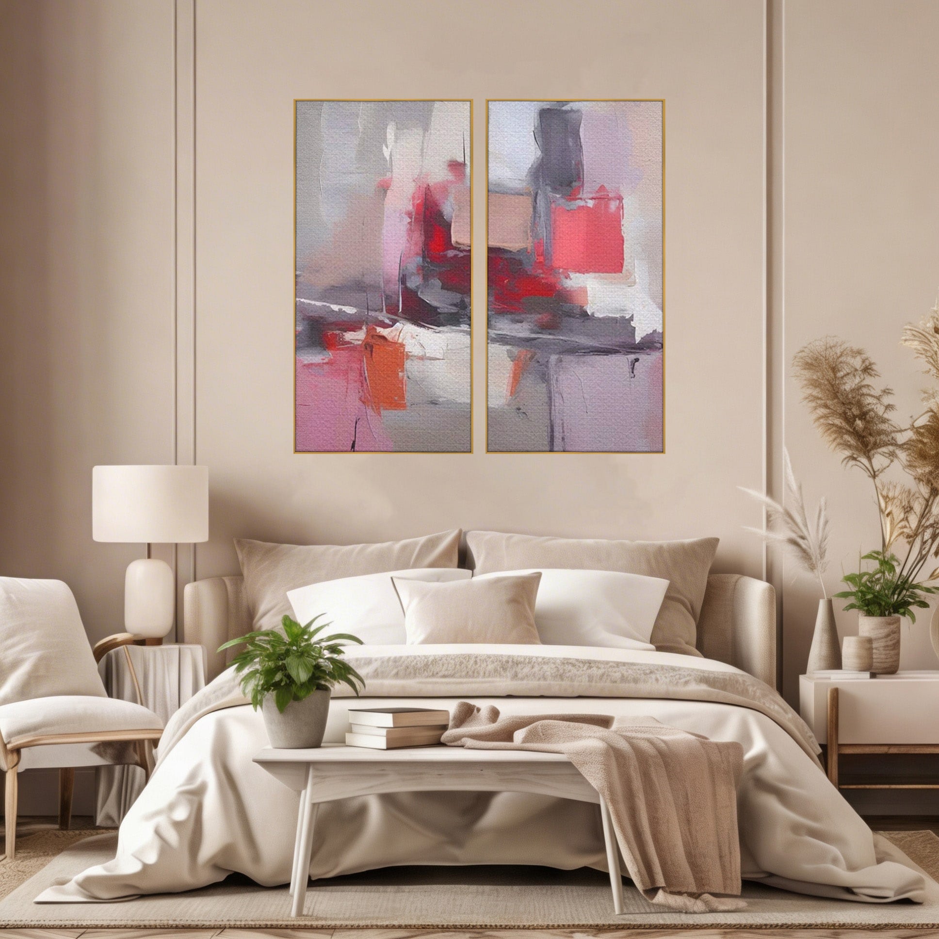 Set 2 Tablouri Canvas Premium LuxCanva® A2-1595, Transformare Graduala, Dormitor, Simfonie, Rosu, Contrast, Decorativ, Culori Vibrante