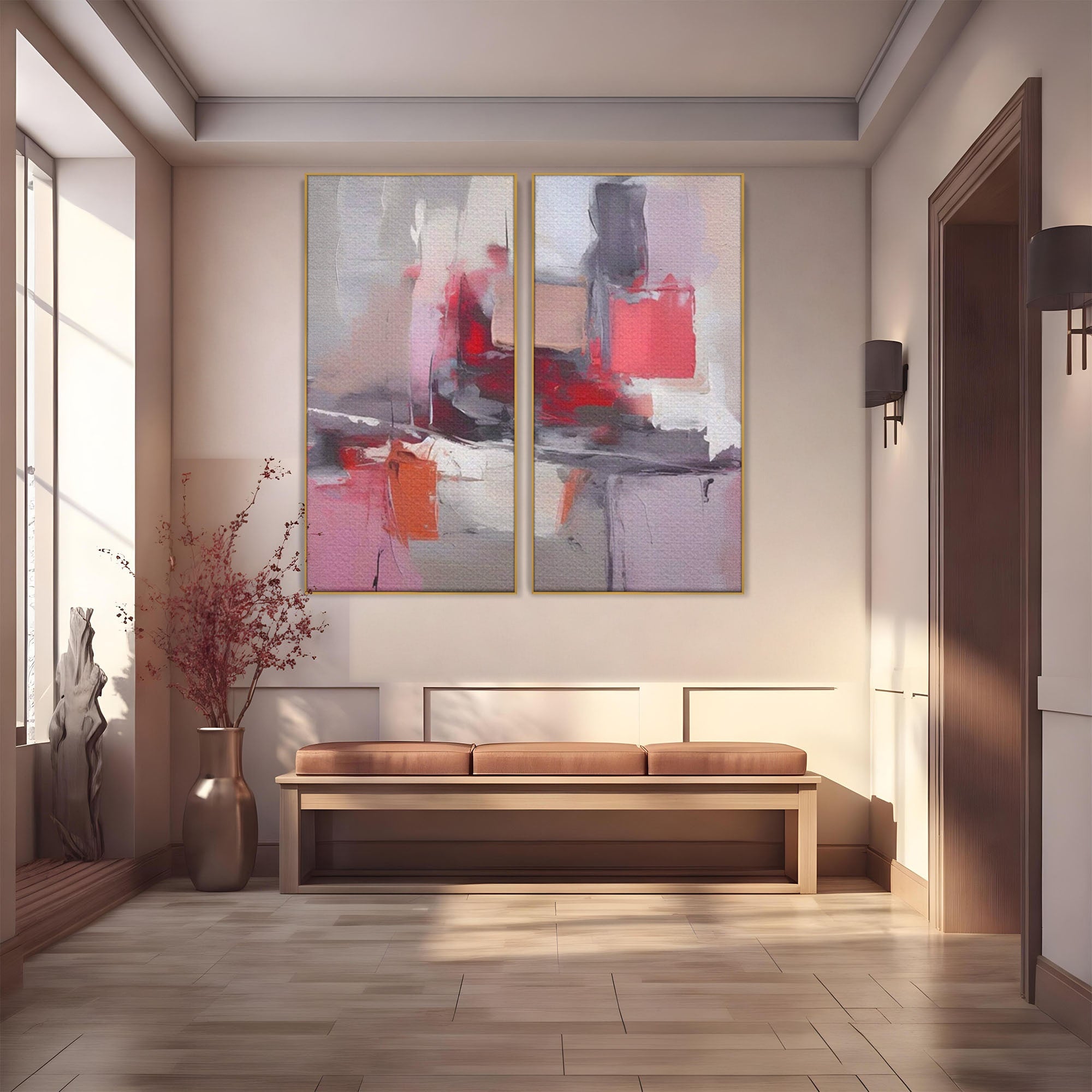 Set 2 Tablouri Canvas Premium LuxCanva® A2-1595, Transformare Graduala, Dormitor, Simfonie, Rosu, Contrast, Decorativ, Culori Vibrante