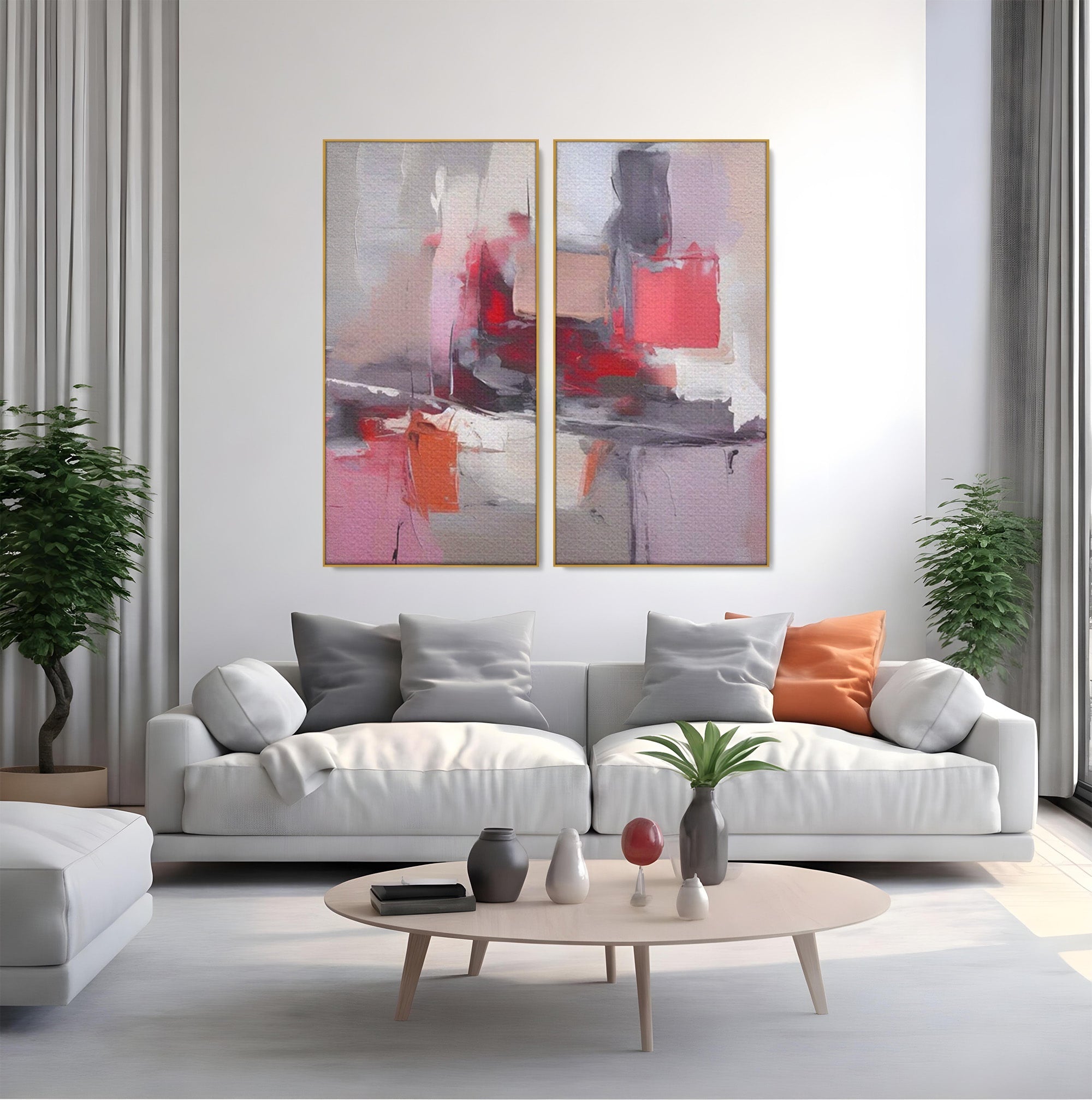 Set 2 Tablouri Canvas Premium LuxCanva® A2-1595, Transformare Graduala, Dormitor, Simfonie, Rosu, Contrast, Decorativ, Culori Vibrante