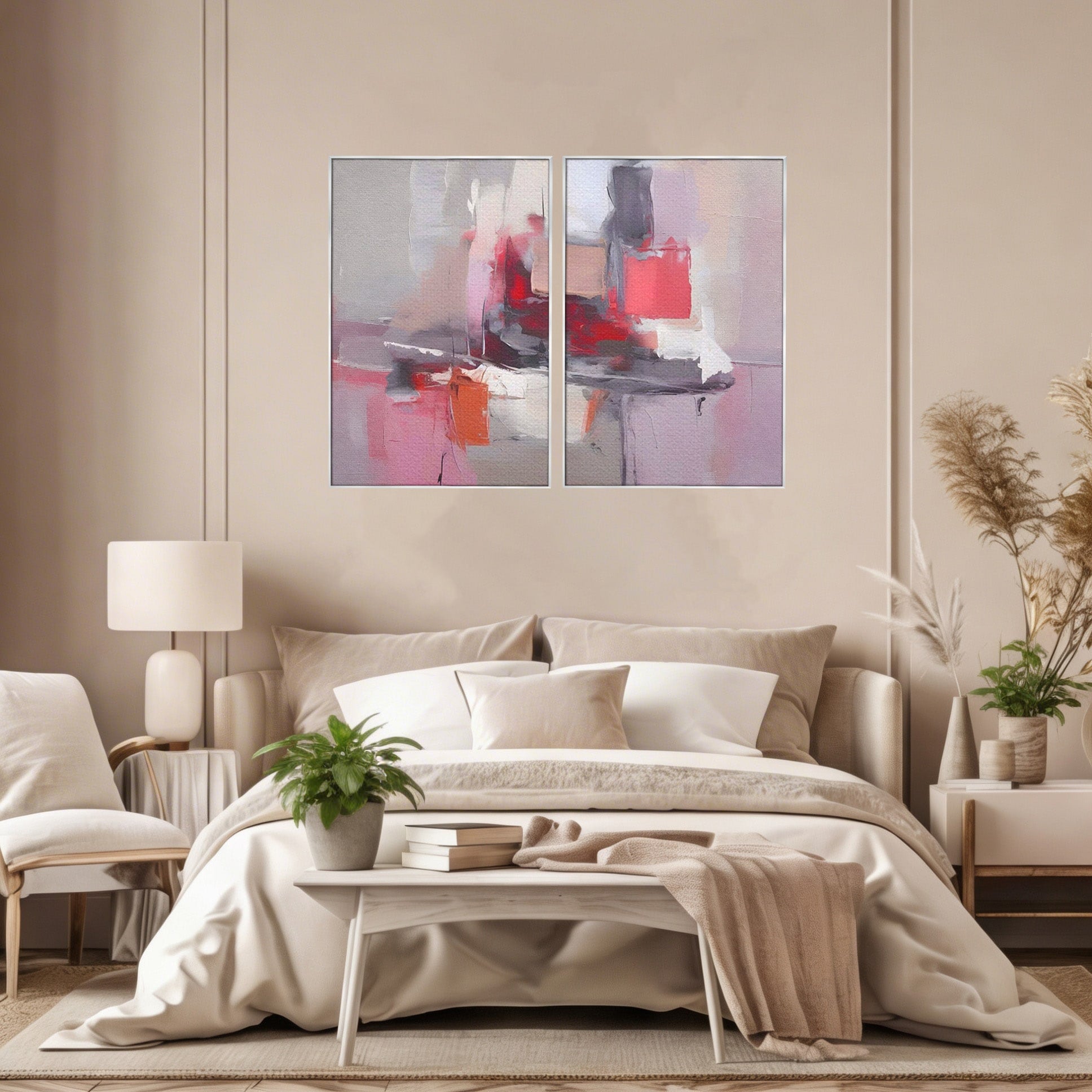 Set 2 Tablouri Canvas Premium LuxCanva® A2-1595, Transformare Graduala, Dormitor, Simfonie, Rosu, Contrast, Decorativ, Culori Vibrante