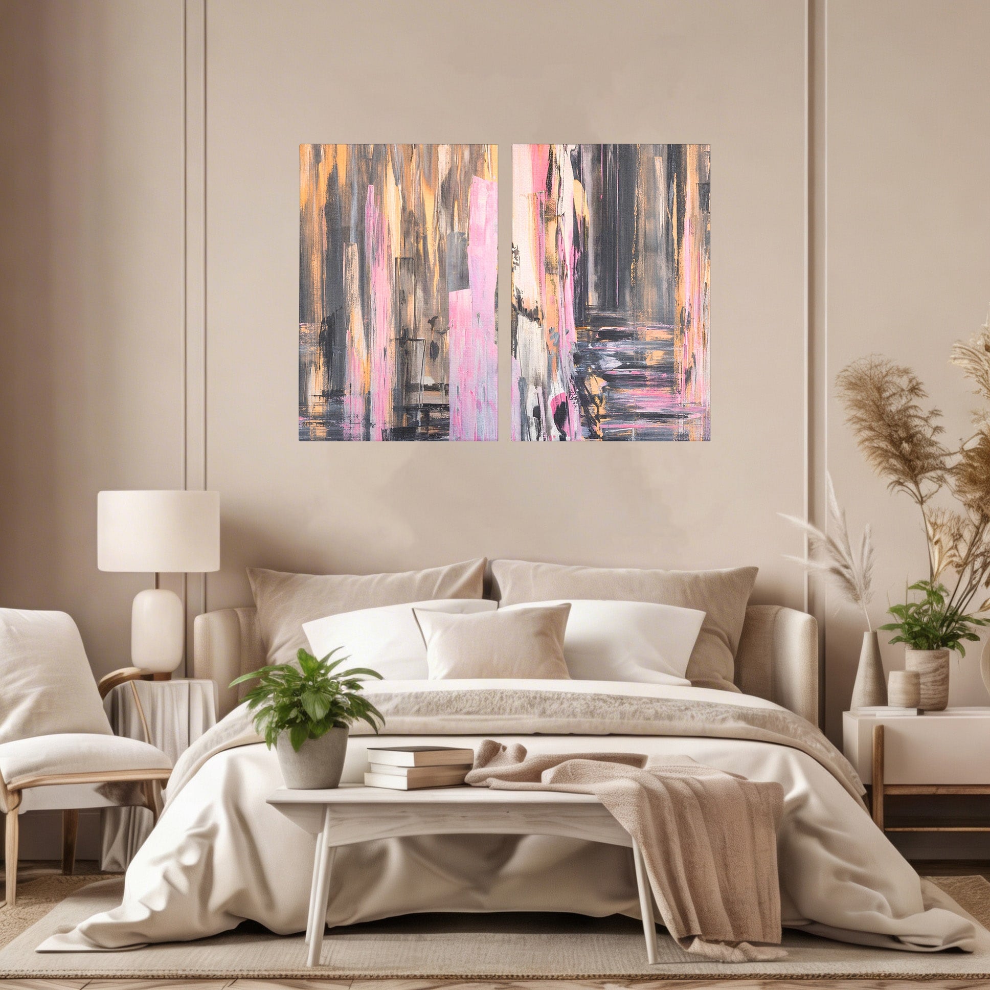 Set 2 Tablouri Canvas Premium LuxCanva® A2-1596, Roz Liniar, Dormitor, Simfonie, Contrast, Living, Decorativ, Culori Vibrante