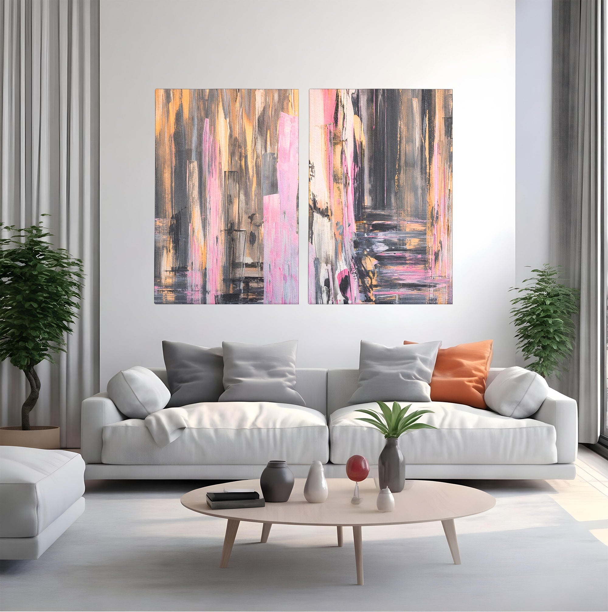 Set 2 Tablouri Canvas Premium LuxCanva® A2-1596, Roz Liniar, Dormitor, Simfonie, Contrast, Living, Decorativ, Culori Vibrante
