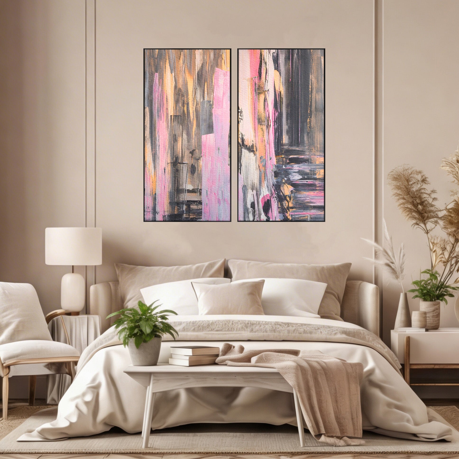 Set 2 Tablouri Canvas Premium LuxCanva® A2-1596, Roz Liniar, Dormitor, Simfonie, Contrast, Living, Decorativ, Culori Vibrante