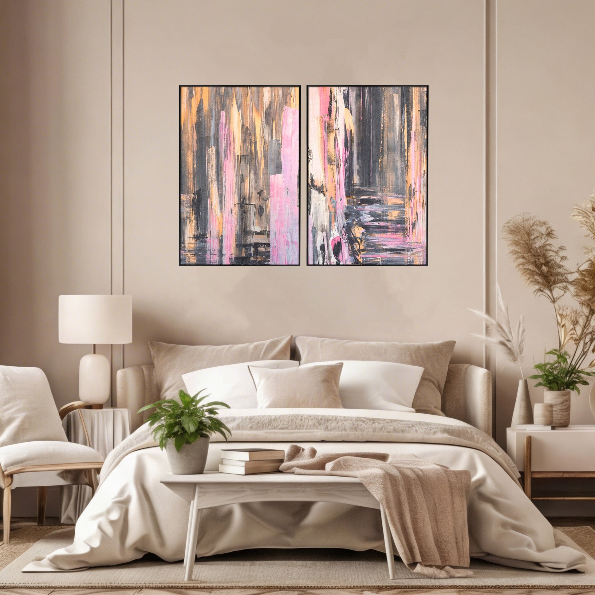 Set 2 Tablouri Canvas Premium LuxCanva® A2-1596, Roz Liniar, Dormitor, Simfonie, Contrast, Living, Decorativ, Culori Vibrante