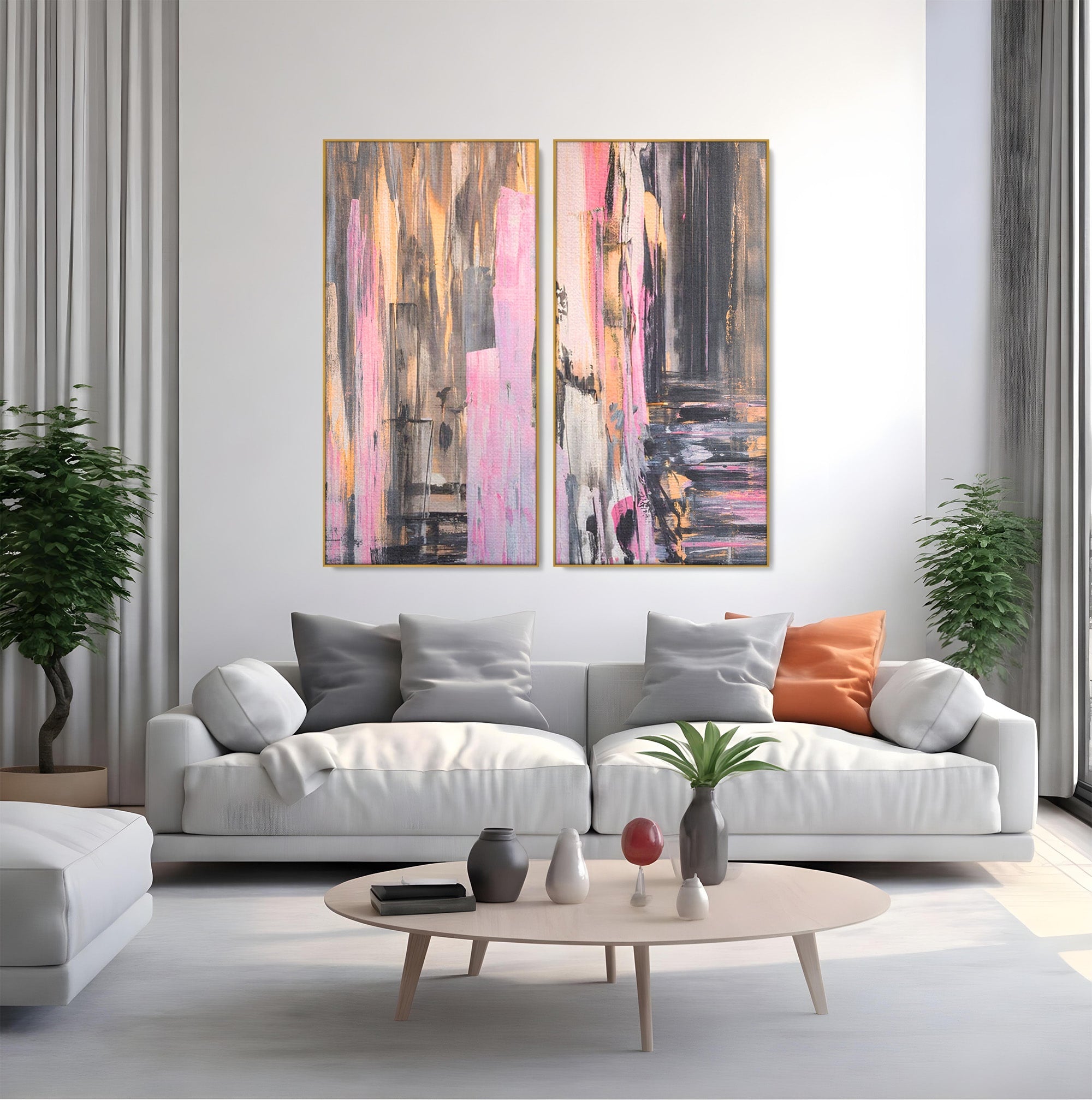 Set 2 Tablouri Canvas Premium LuxCanva® A2-1596, Roz Liniar, Dormitor, Simfonie, Contrast, Living, Decorativ, Culori Vibrante