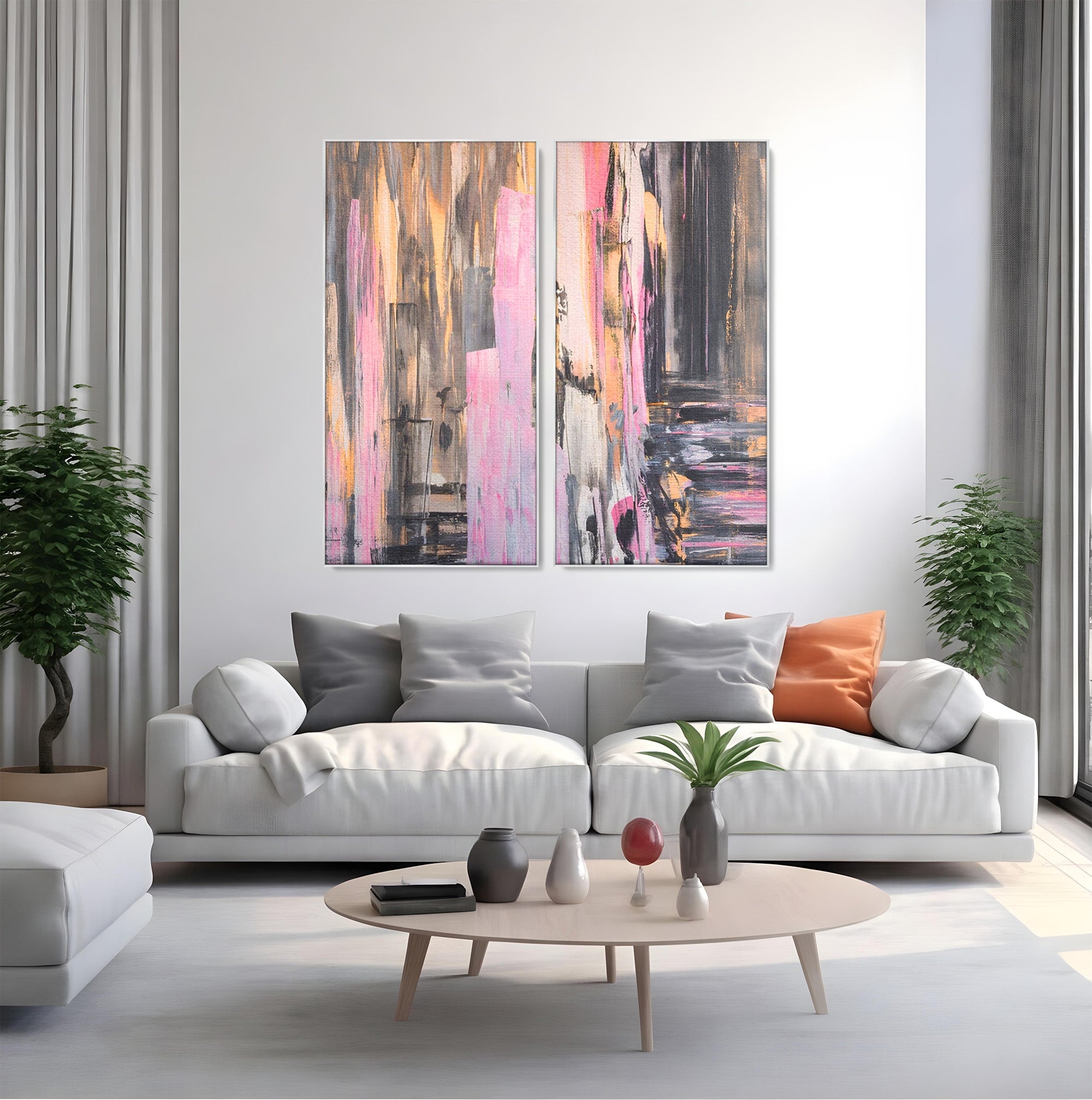 Set 2 Tablouri Canvas Premium LuxCanva® A2-1596, Roz Liniar, Dormitor, Simfonie, Contrast, Living, Decorativ, Culori Vibrante