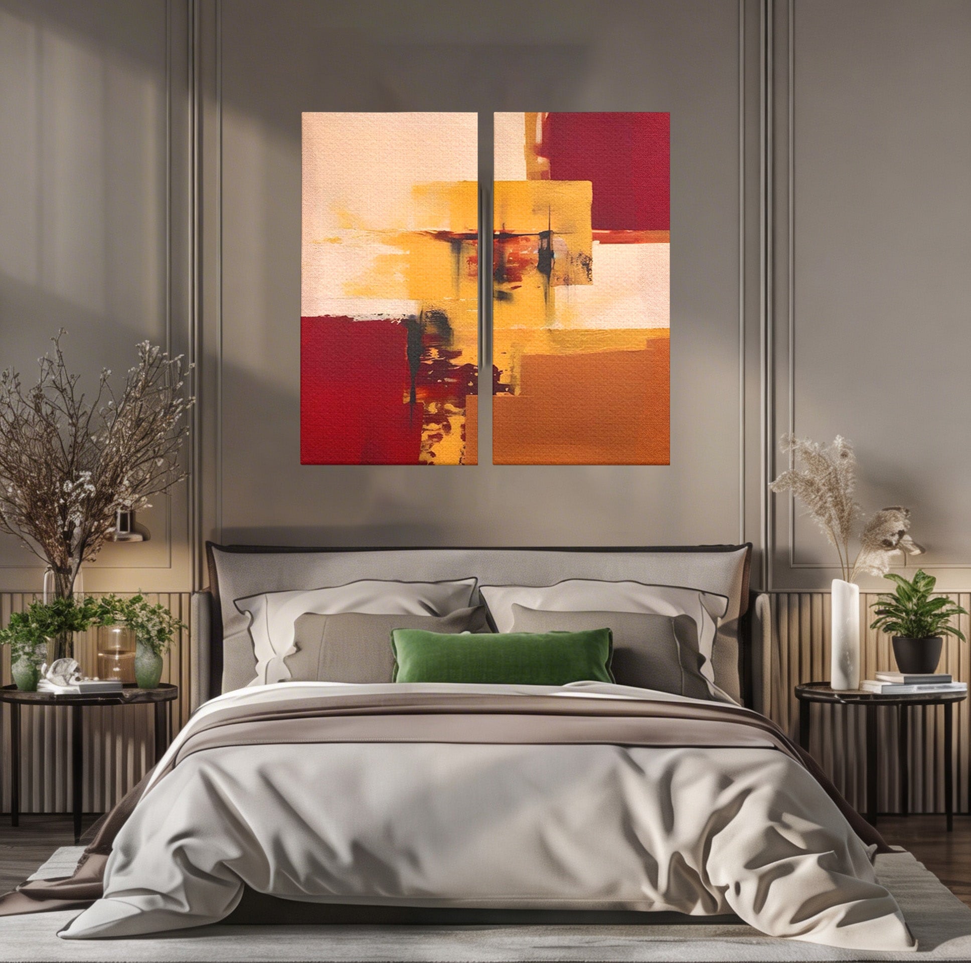 Set 2 Tablouri Canvas Premium LuxCanva® A2-1597, Abstract Gold, Dormitor, Vibratie Colorata, Patrate, Living, Culori Vibrante