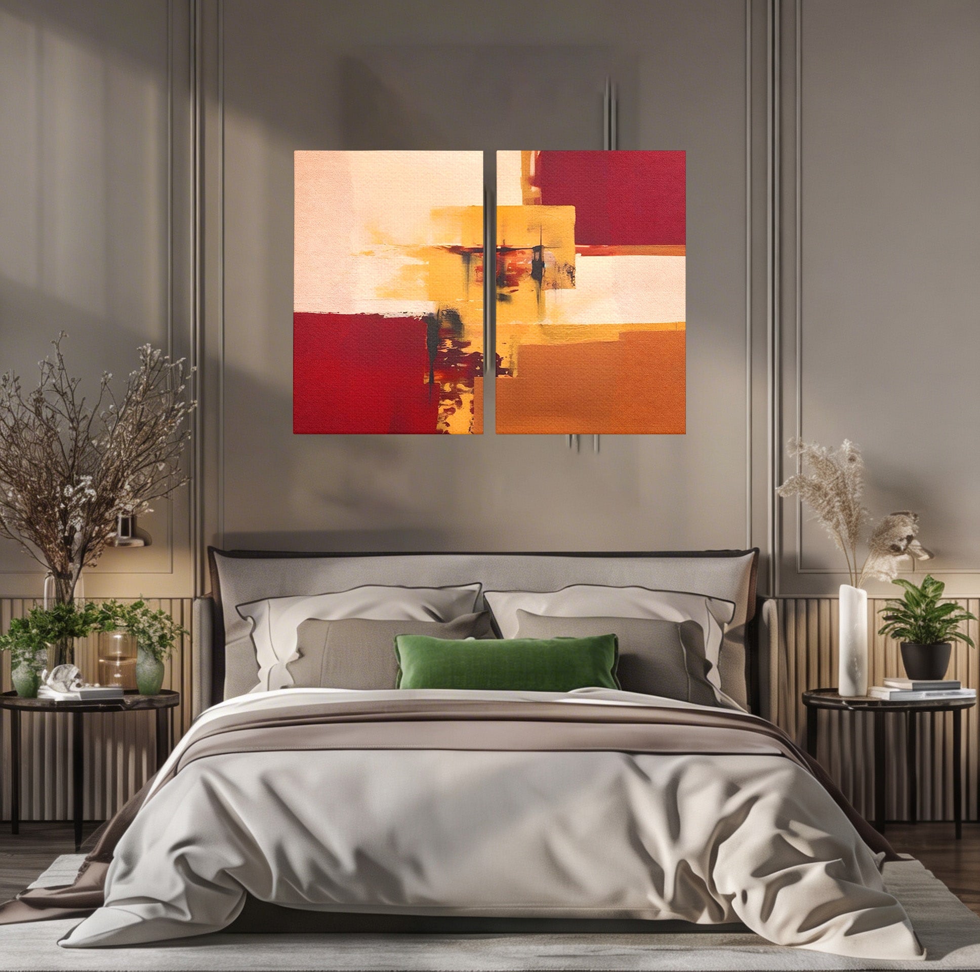 Set 2 Tablouri Canvas Premium LuxCanva® A2-1597, Abstract Gold, Dormitor, Vibratie Colorata, Patrate, Living, Culori Vibrante