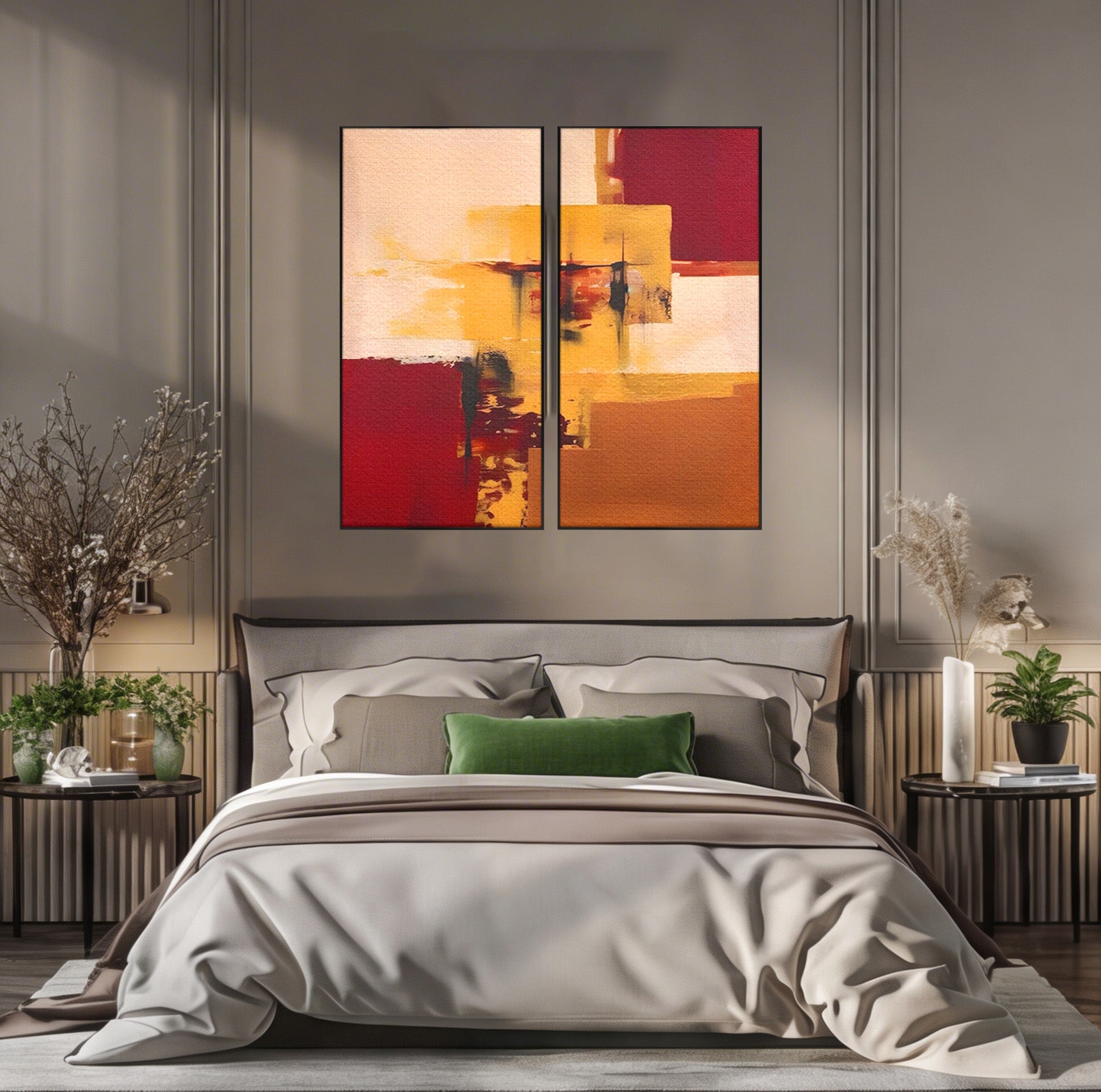 Set 2 Tablouri Canvas Premium LuxCanva® A2-1597, Abstract Gold, Dormitor, Vibratie Colorata, Patrate, Living, Culori Vibrante
