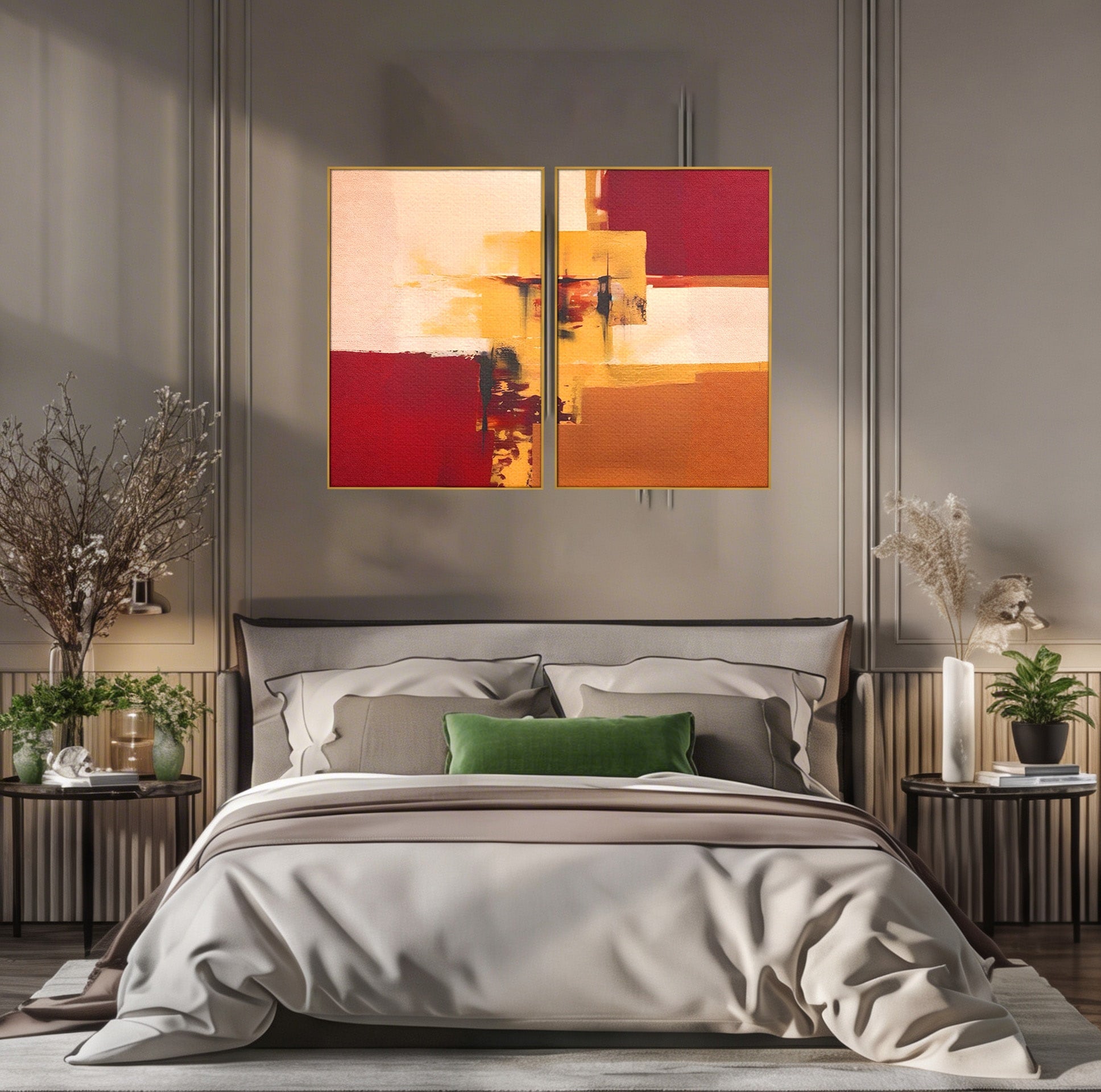 Set 2 Tablouri Canvas Premium LuxCanva® A2-1597, Abstract Gold, Dormitor, Vibratie Colorata, Patrate, Living, Culori Vibrante