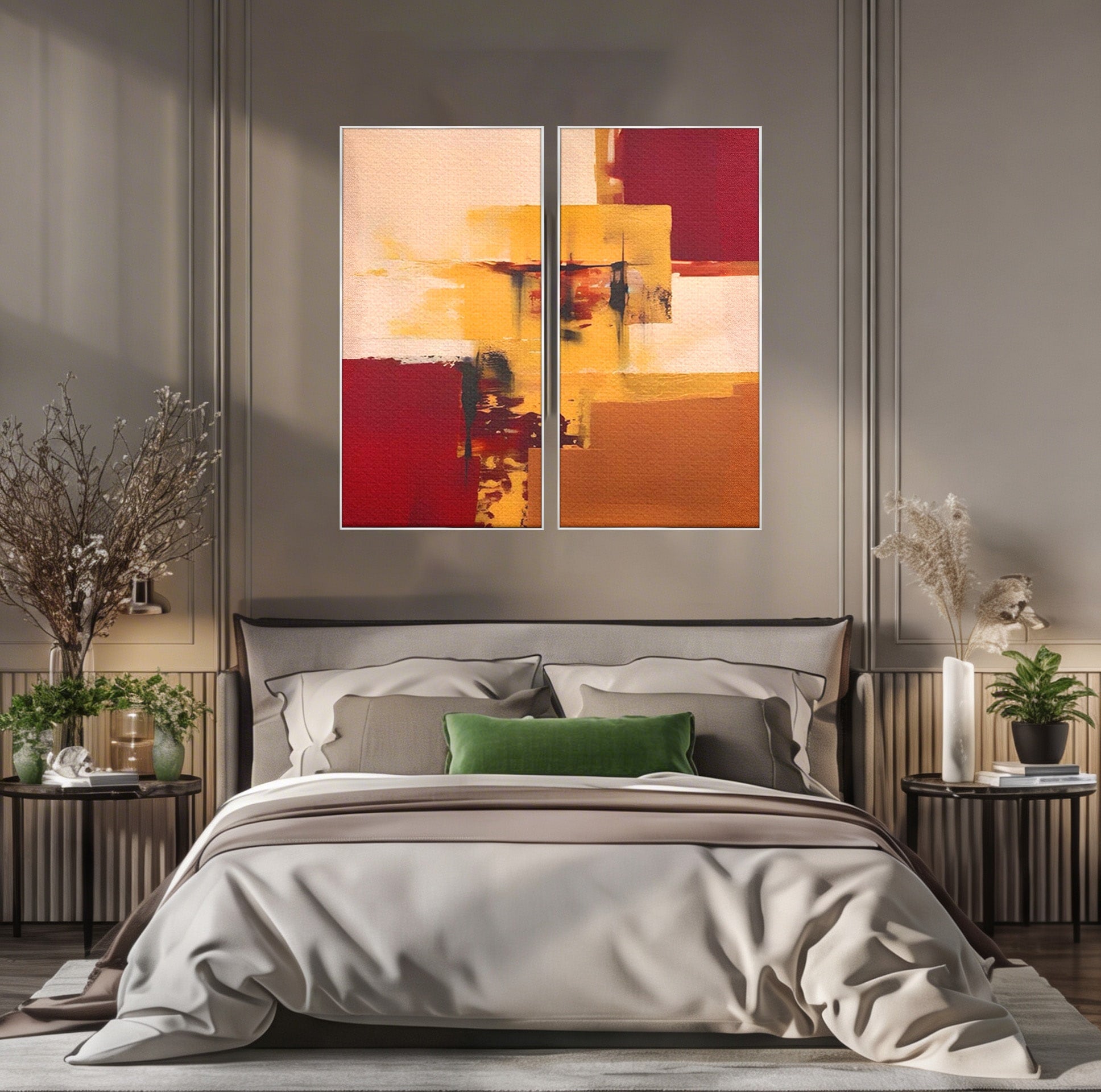 Set 2 Tablouri Canvas Premium LuxCanva® A2-1597, Abstract Gold, Dormitor, Vibratie Colorata, Patrate, Living, Culori Vibrante