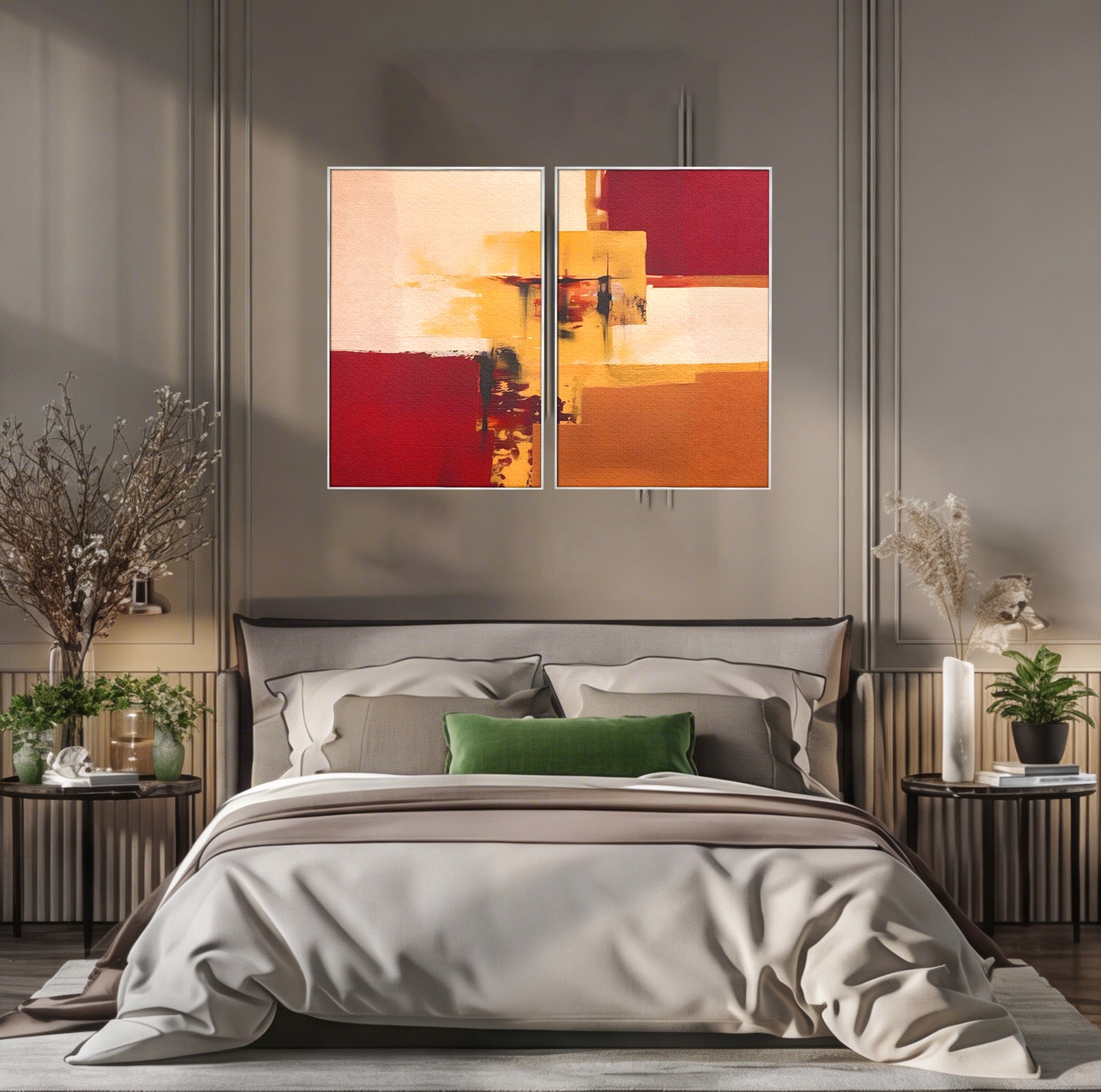 Set 2 Tablouri Canvas Premium LuxCanva® A2-1597, Abstract Gold, Dormitor, Vibratie Colorata, Patrate, Living, Culori Vibrante