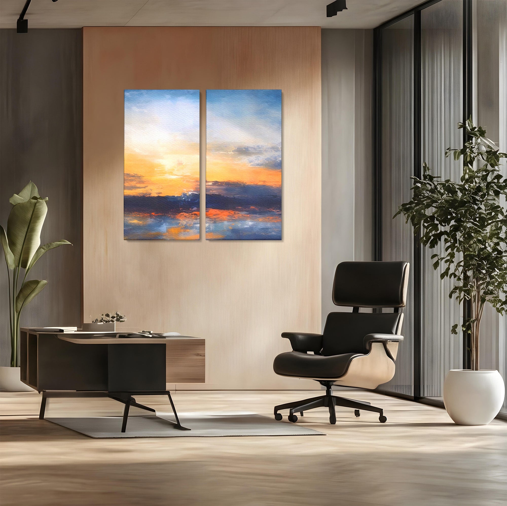Set 2 Tablouri Canvas Premium LuxCanva® A2-1603, Un Apus Abstract, Living, Pastel, Mare, Soare, Nisip, Dormitor, Culori Vibrante