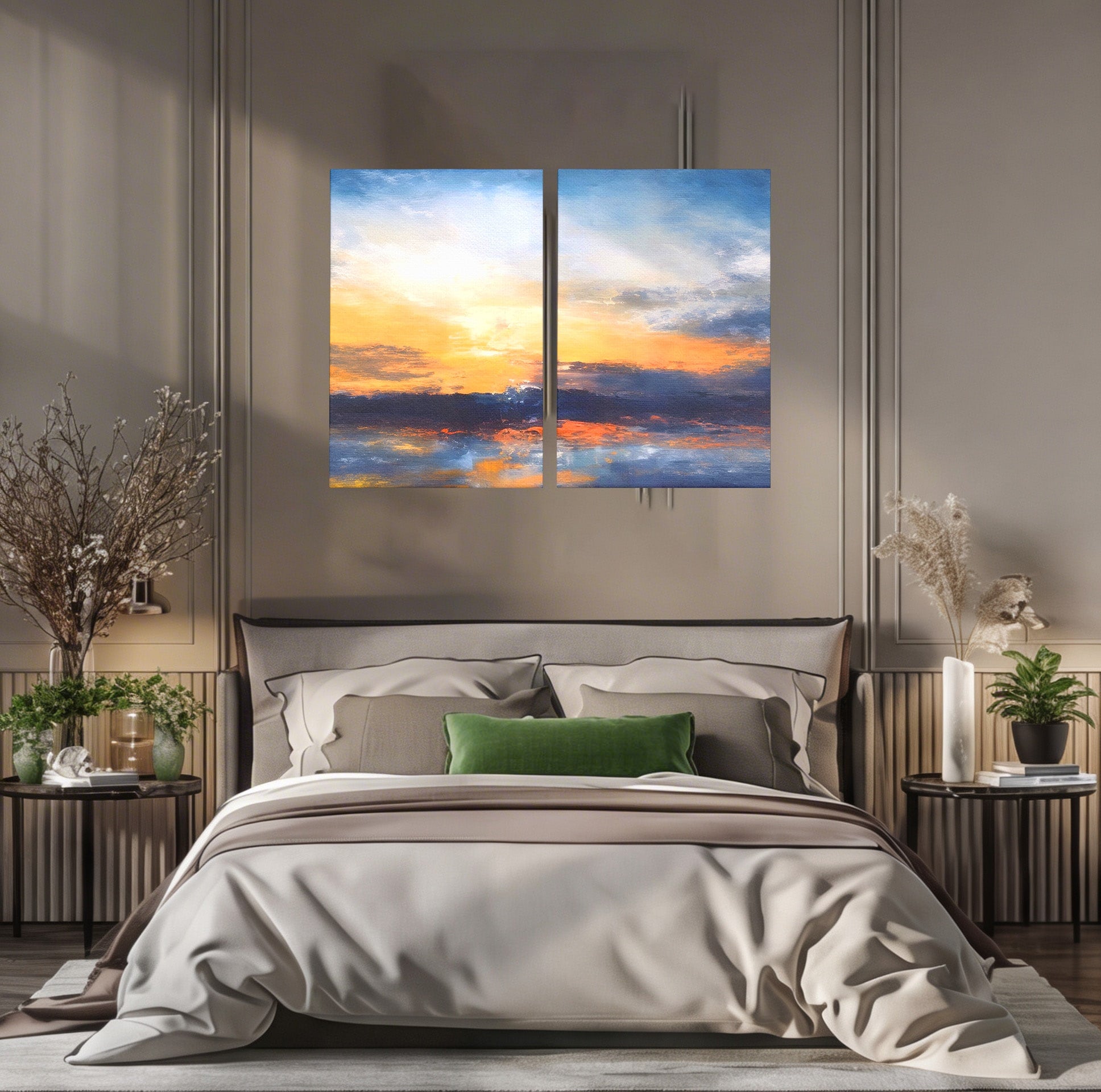 Set 2 Tablouri Canvas Premium LuxCanva® A2-1603, Un Apus Abstract, Living, Pastel, Mare, Soare, Nisip, Dormitor, Culori Vibrante