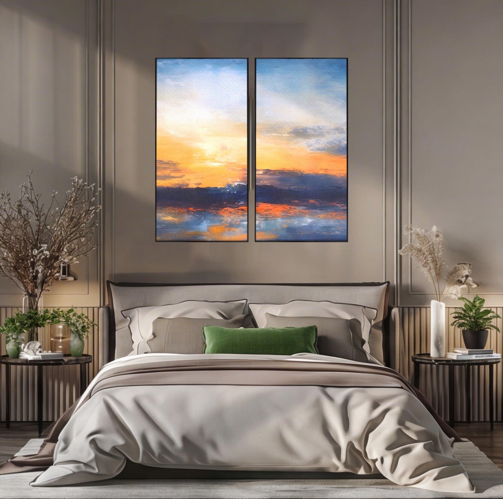 Set 2 Tablouri Canvas Premium LuxCanva® A2-1603, Un Apus Abstract, Living, Pastel, Mare, Soare, Nisip, Dormitor, Culori Vibrante