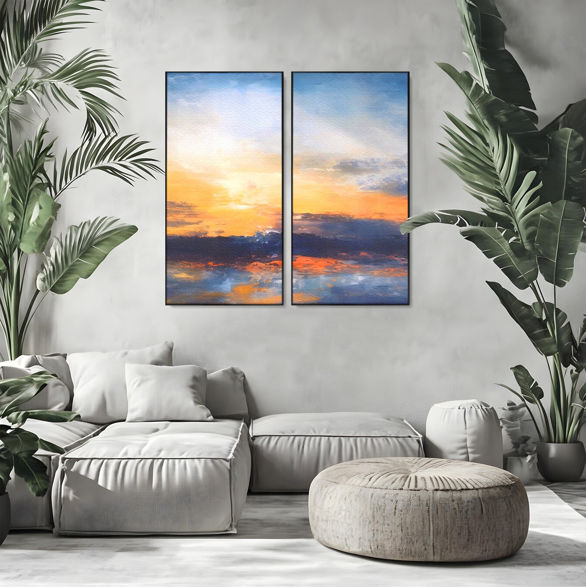 Set 2 Tablouri Canvas Premium LuxCanva® A2-1603, Un Apus Abstract, Living, Pastel, Mare, Soare, Nisip, Dormitor, Culori Vibrante