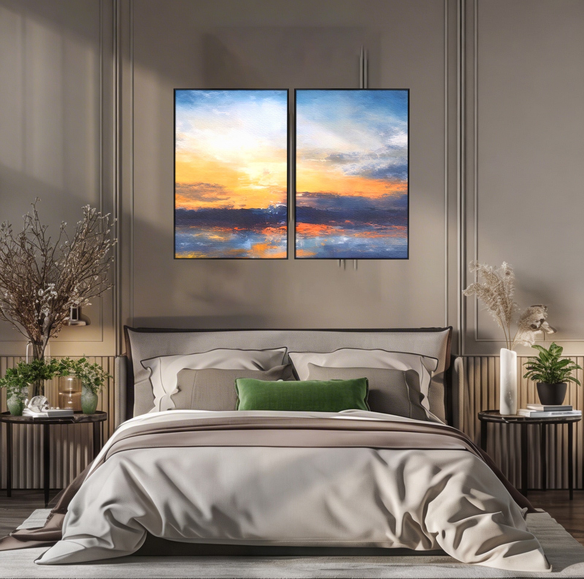 Set 2 Tablouri Canvas Premium LuxCanva® A2-1603, Un Apus Abstract, Living, Pastel, Mare, Soare, Nisip, Dormitor, Culori Vibrante