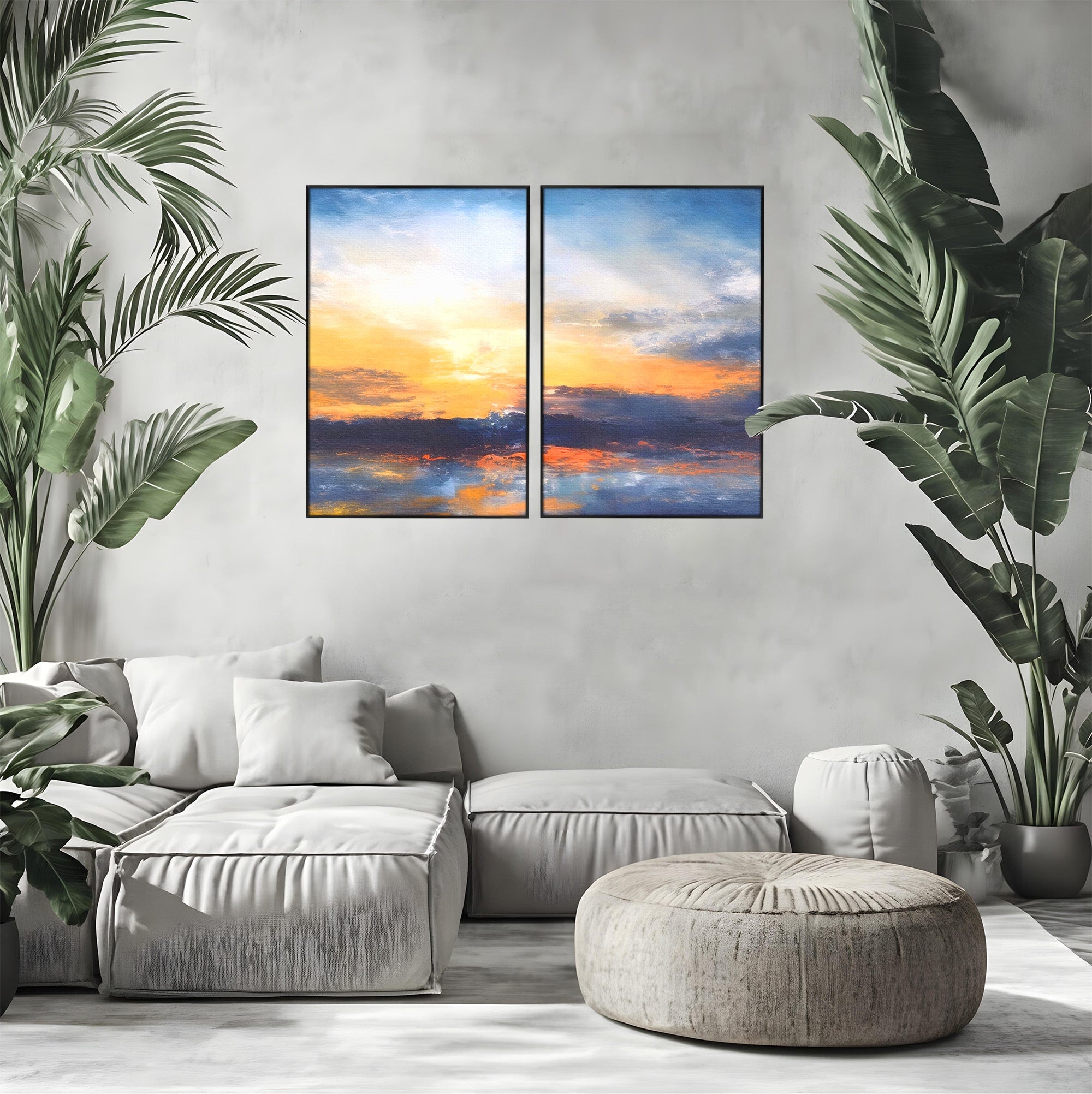 Set 2 Tablouri Canvas Premium LuxCanva® A2-1603, Un Apus Abstract, Living, Pastel, Mare, Soare, Nisip, Dormitor, Culori Vibrante