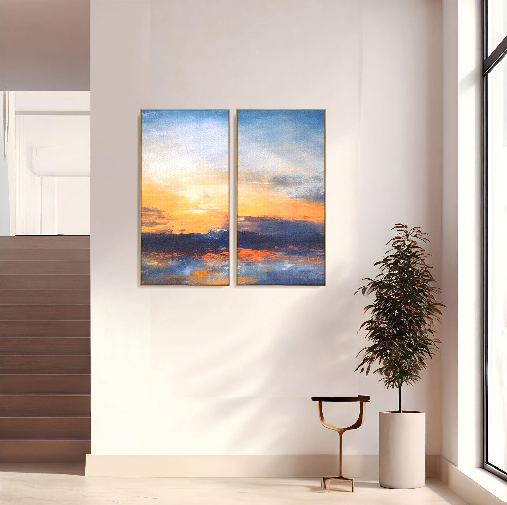 Set 2 Tablouri Canvas Premium LuxCanva® A2-1603, Un Apus Abstract, Living, Pastel, Mare, Soare, Nisip, Dormitor, Culori Vibrante
