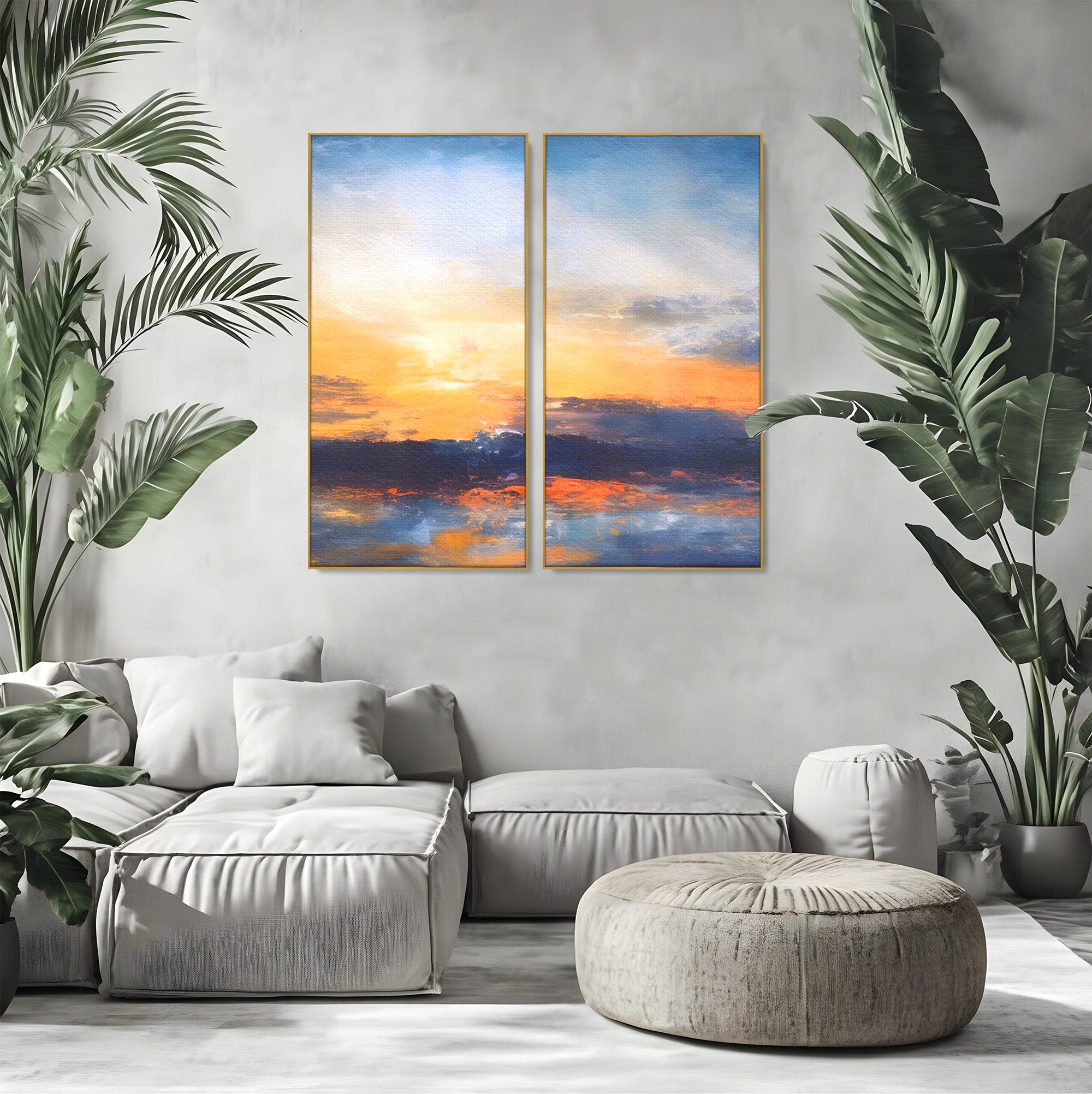Set 2 Tablouri Canvas Premium LuxCanva® A2-1603, Un Apus Abstract, Living, Pastel, Mare, Soare, Nisip, Dormitor, Culori Vibrante