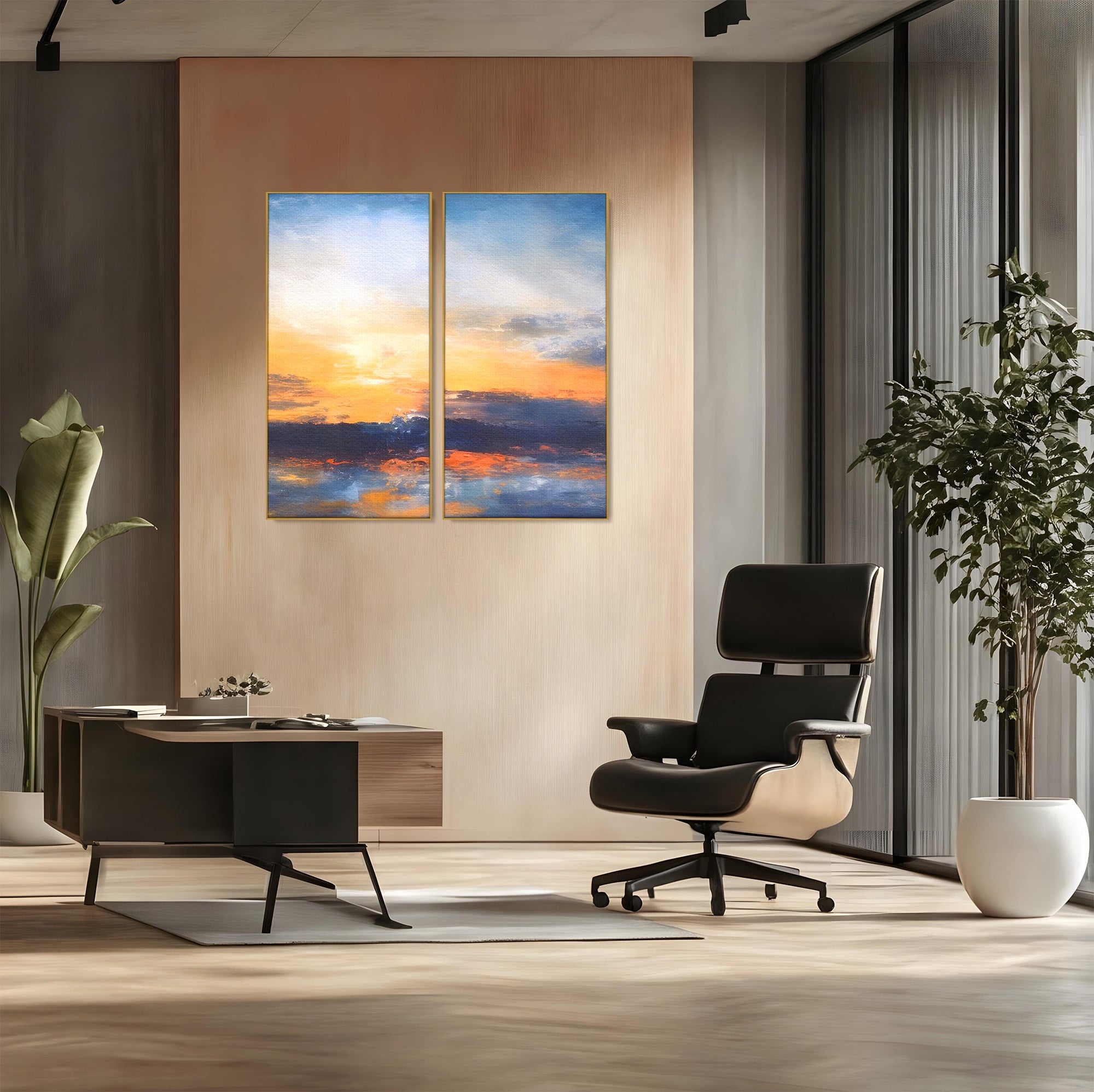 Set 2 Tablouri Canvas Premium LuxCanva® A2-1603, Un Apus Abstract, Living, Pastel, Mare, Soare, Nisip, Dormitor, Culori Vibrante