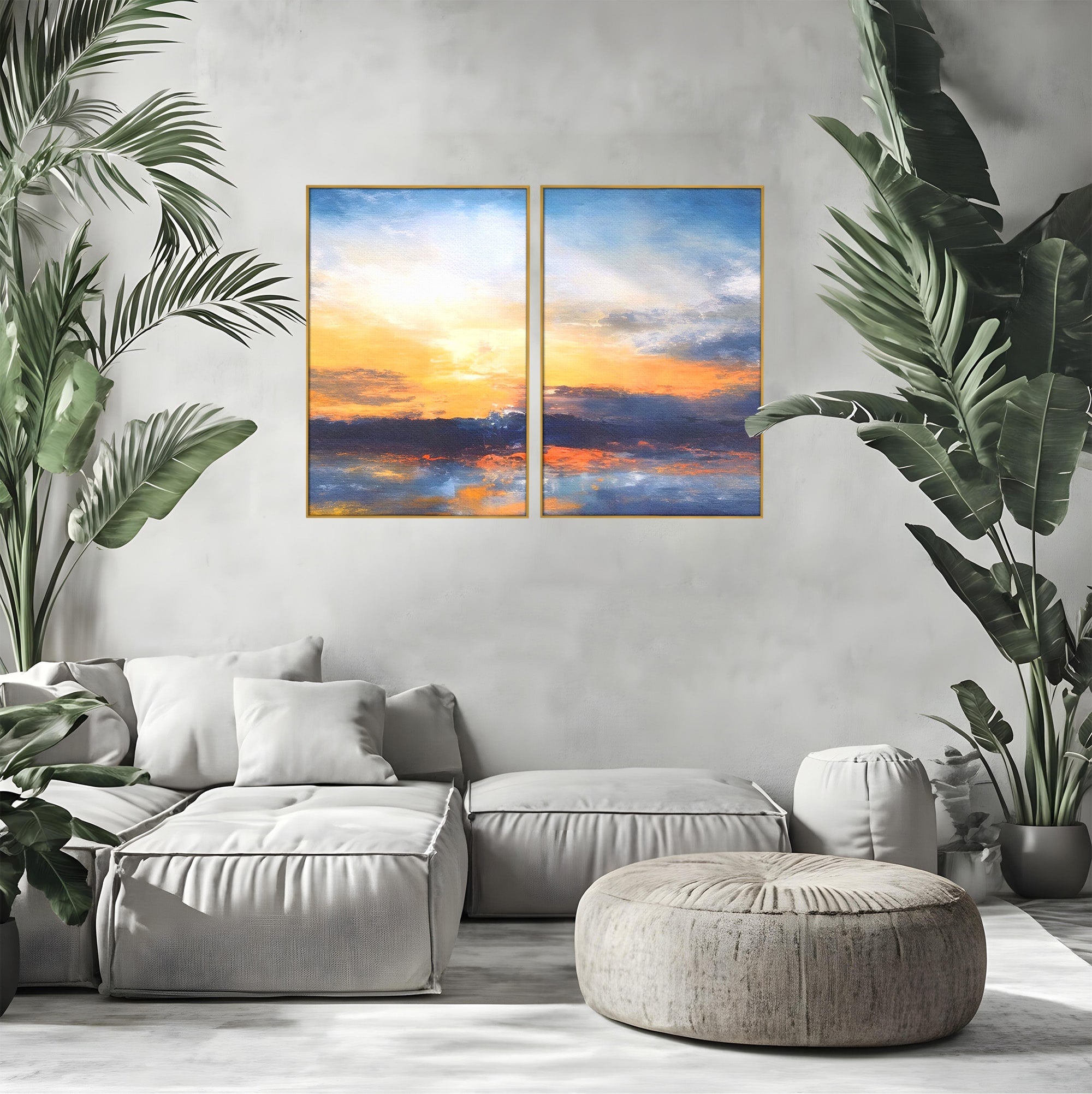 Set 2 Tablouri Canvas Premium LuxCanva® A2-1603, Un Apus Abstract, Living, Pastel, Mare, Soare, Nisip, Dormitor, Culori Vibrante