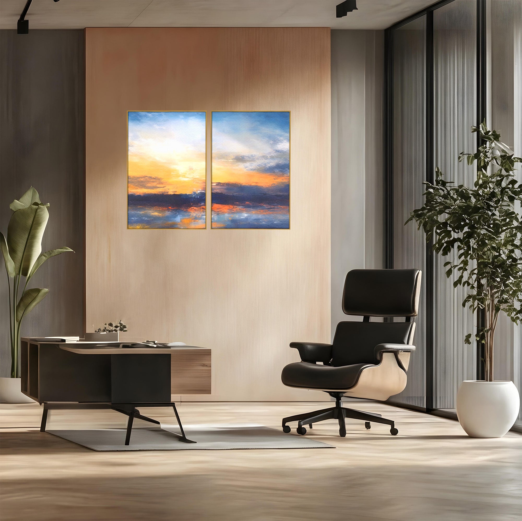 Set 2 Tablouri Canvas Premium LuxCanva® A2-1603, Un Apus Abstract, Living, Pastel, Mare, Soare, Nisip, Dormitor, Culori Vibrante