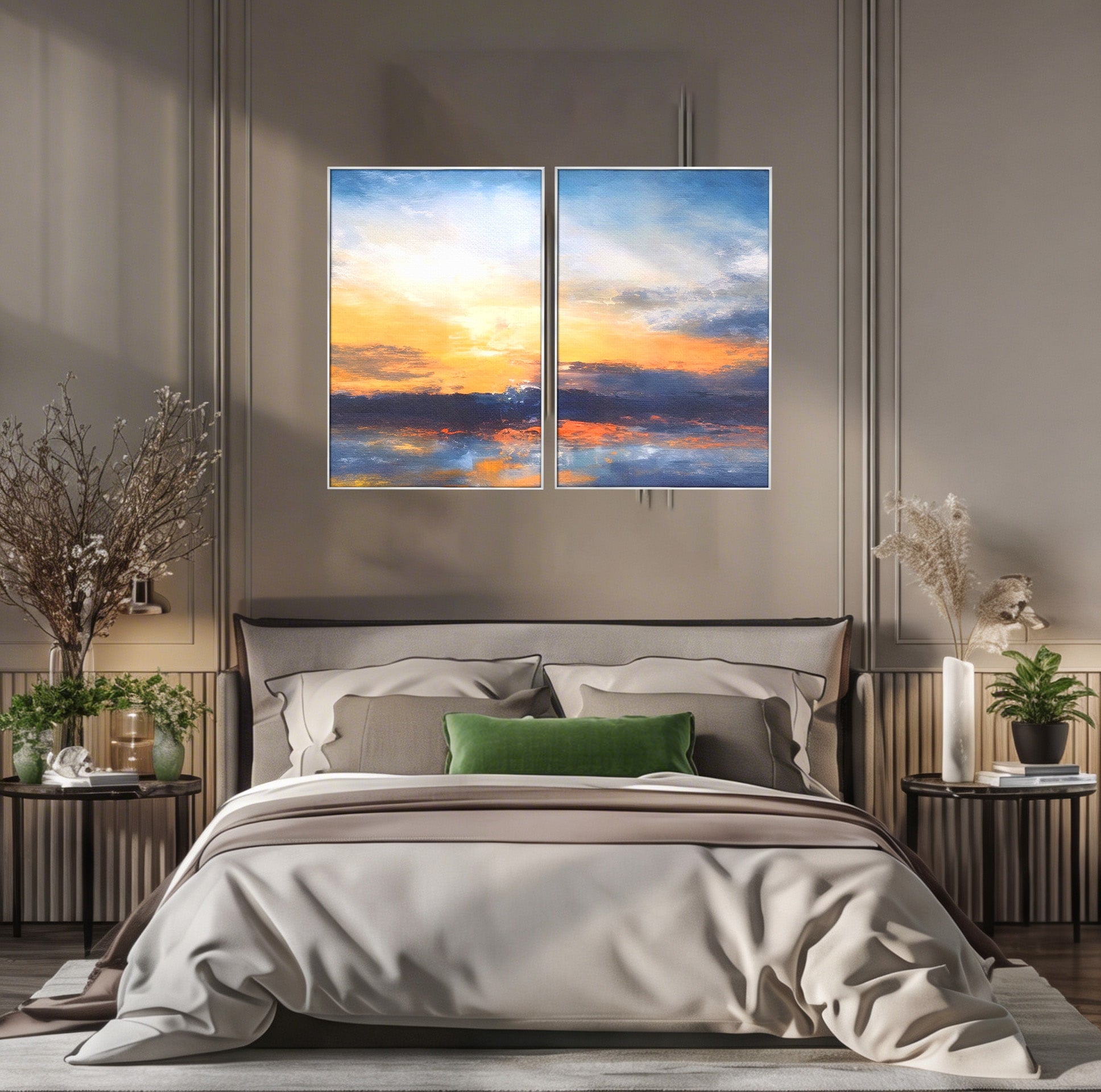 Set 2 Tablouri Canvas Premium LuxCanva® A2-1603, Un Apus Abstract, Living, Pastel, Mare, Soare, Nisip, Dormitor, Culori Vibrante