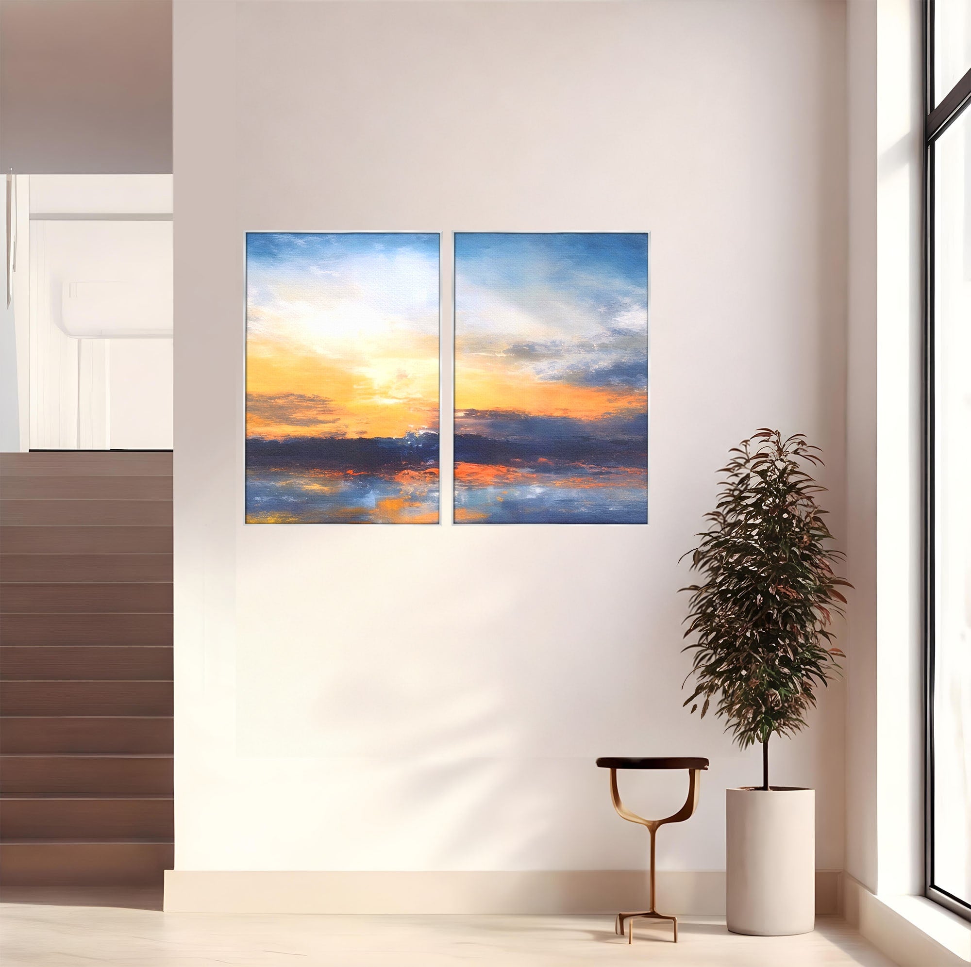 Set 2 Tablouri Canvas Premium LuxCanva® A2-1603, Un Apus Abstract, Living, Pastel, Mare, Soare, Nisip, Dormitor, Culori Vibrante