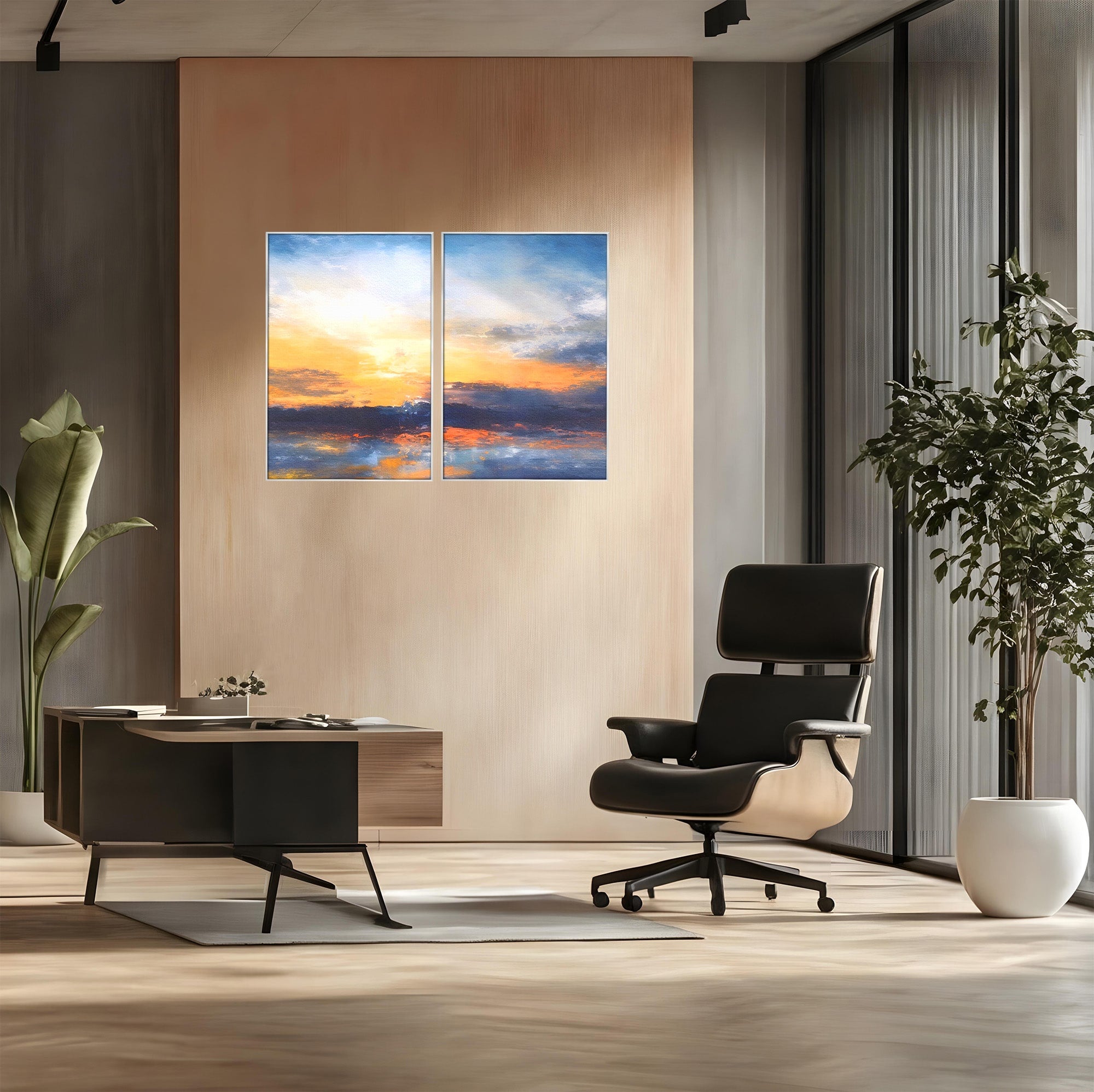 Set 2 Tablouri Canvas Premium LuxCanva® A2-1603, Un Apus Abstract, Living, Pastel, Mare, Soare, Nisip, Dormitor, Culori Vibrante