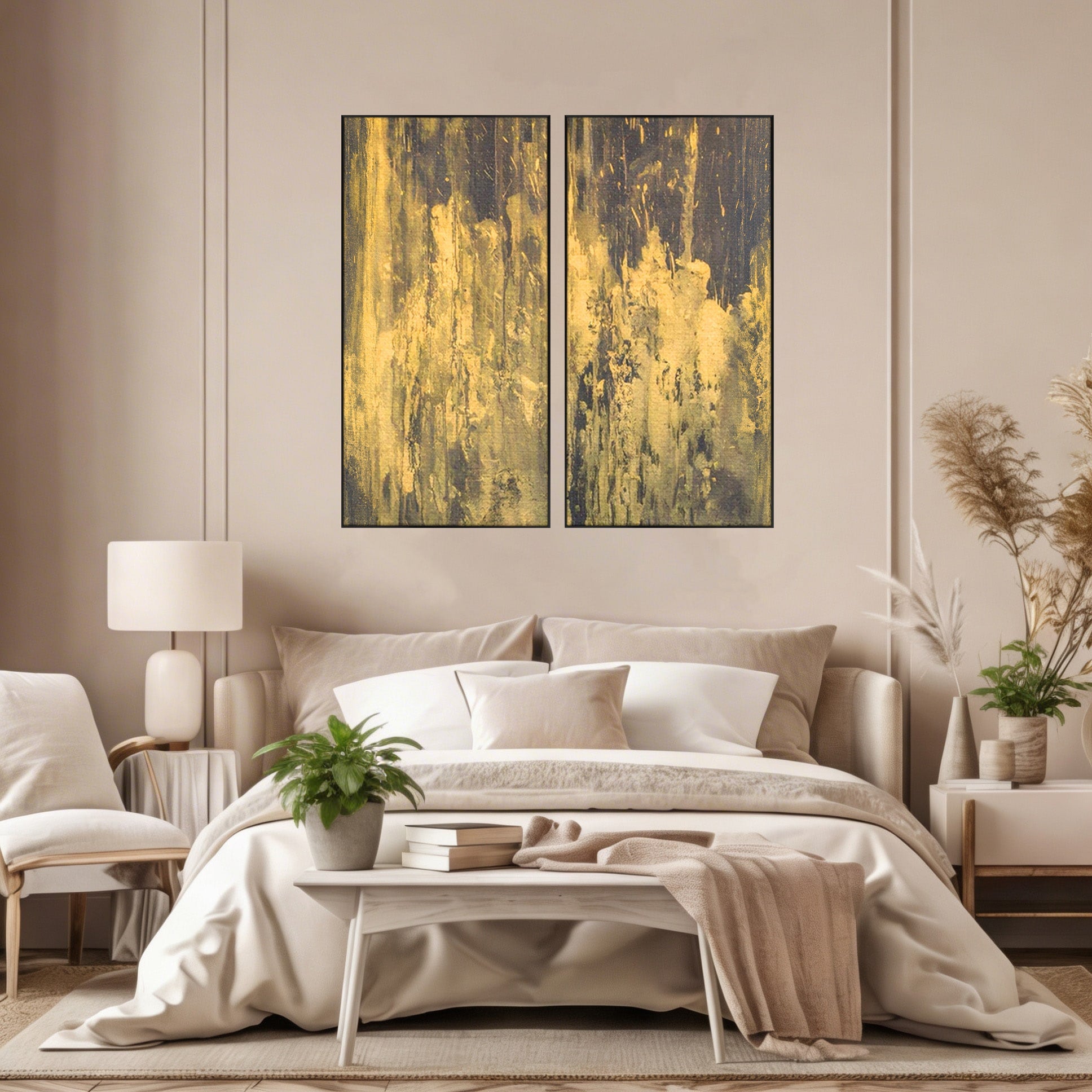 Set 2 Tablouri Canvas Premium LuxCanva® A2-1606, Vibratie Gold, Living, Abstract, Decorativ, Auriu, Dormitor, Culori Vibrante