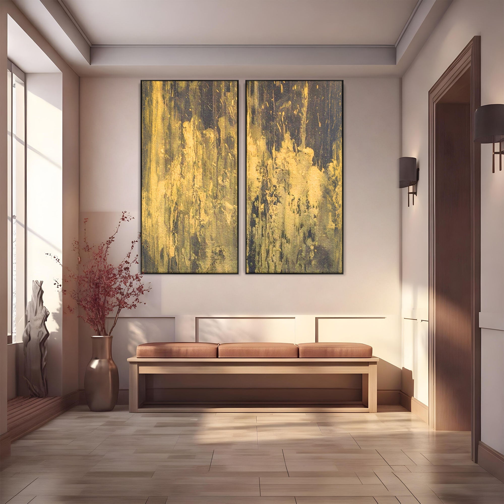 Set 2 Tablouri Canvas Premium LuxCanva® A2-1606, Vibratie Gold, Living, Abstract, Decorativ, Auriu, Dormitor, Culori Vibrante