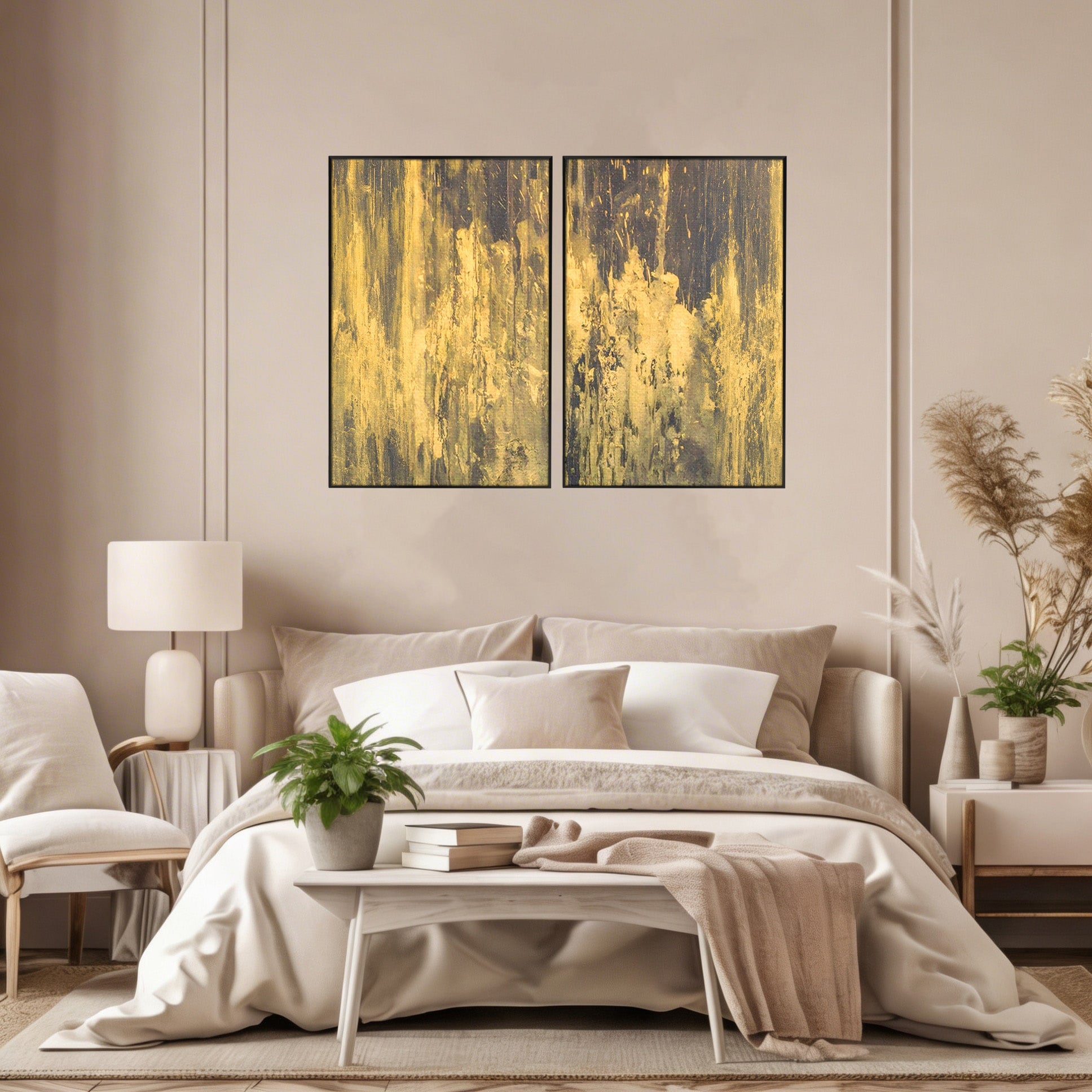 Set 2 Tablouri Canvas Premium LuxCanva® A2-1606, Vibratie Gold, Living, Abstract, Decorativ, Auriu, Dormitor, Culori Vibrante