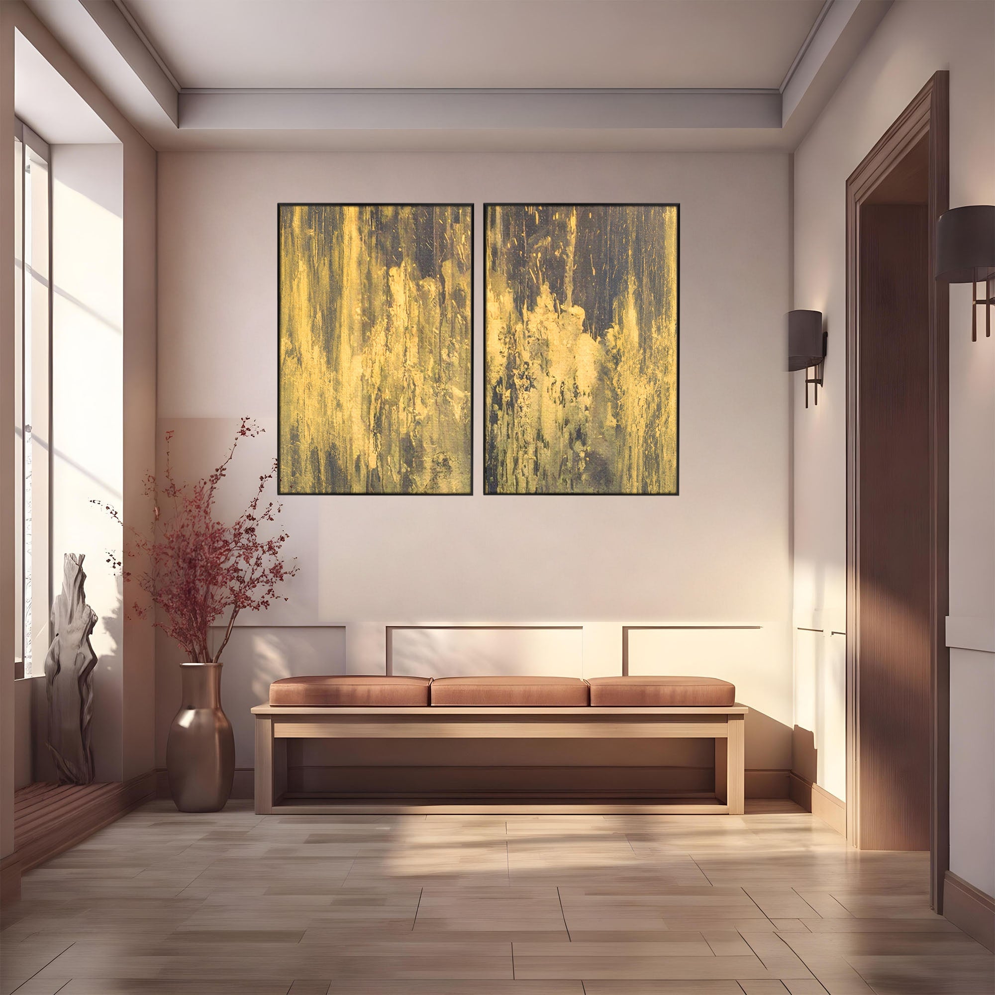 Set 2 Tablouri Canvas Premium LuxCanva® A2-1606, Vibratie Gold, Living, Abstract, Decorativ, Auriu, Dormitor, Culori Vibrante