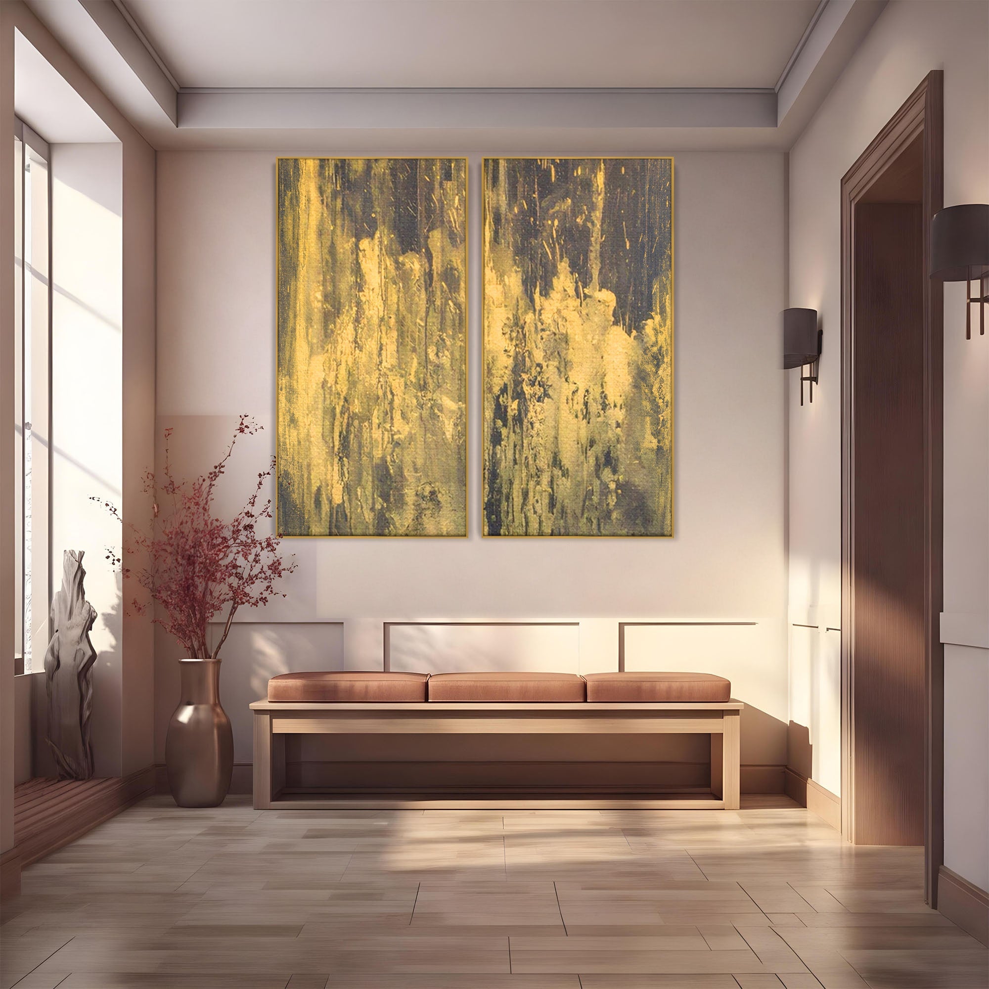 Set 2 Tablouri Canvas Premium LuxCanva® A2-1606, Vibratie Gold, Living, Abstract, Decorativ, Auriu, Dormitor, Culori Vibrante