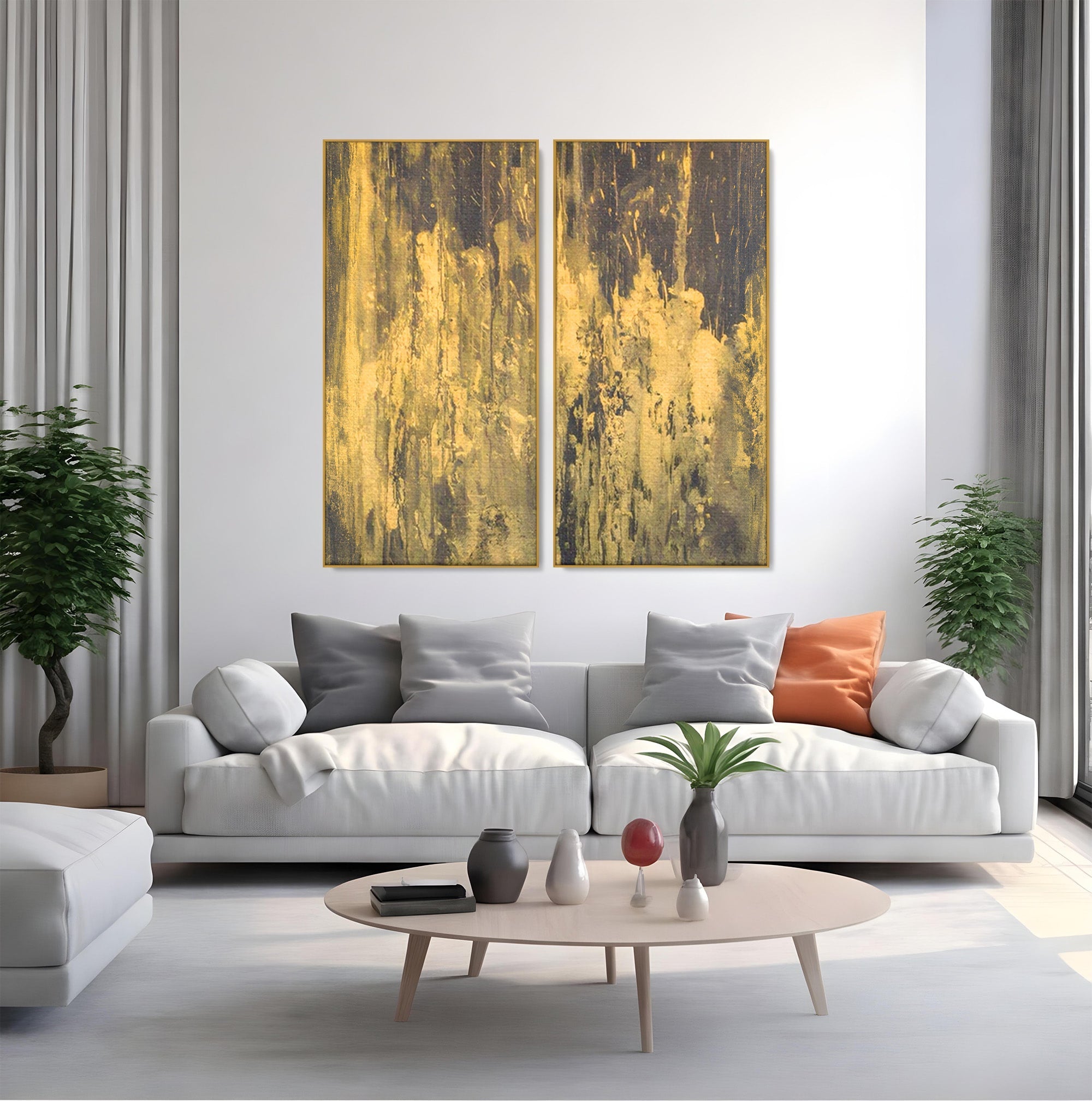 Set 2 Tablouri Canvas Premium LuxCanva® A2-1606, Vibratie Gold, Living, Abstract, Decorativ, Auriu, Dormitor, Culori Vibrante