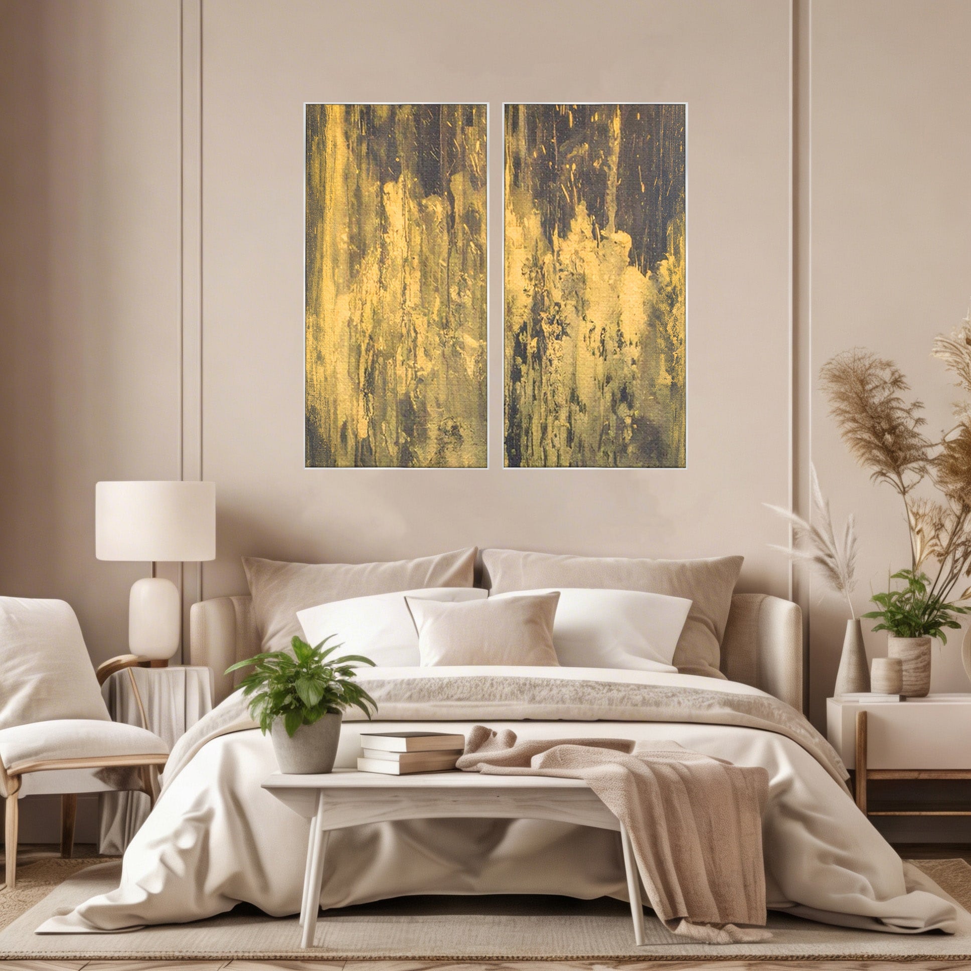 Set 2 Tablouri Canvas Premium LuxCanva® A2-1606, Vibratie Gold, Living, Abstract, Decorativ, Auriu, Dormitor, Culori Vibrante