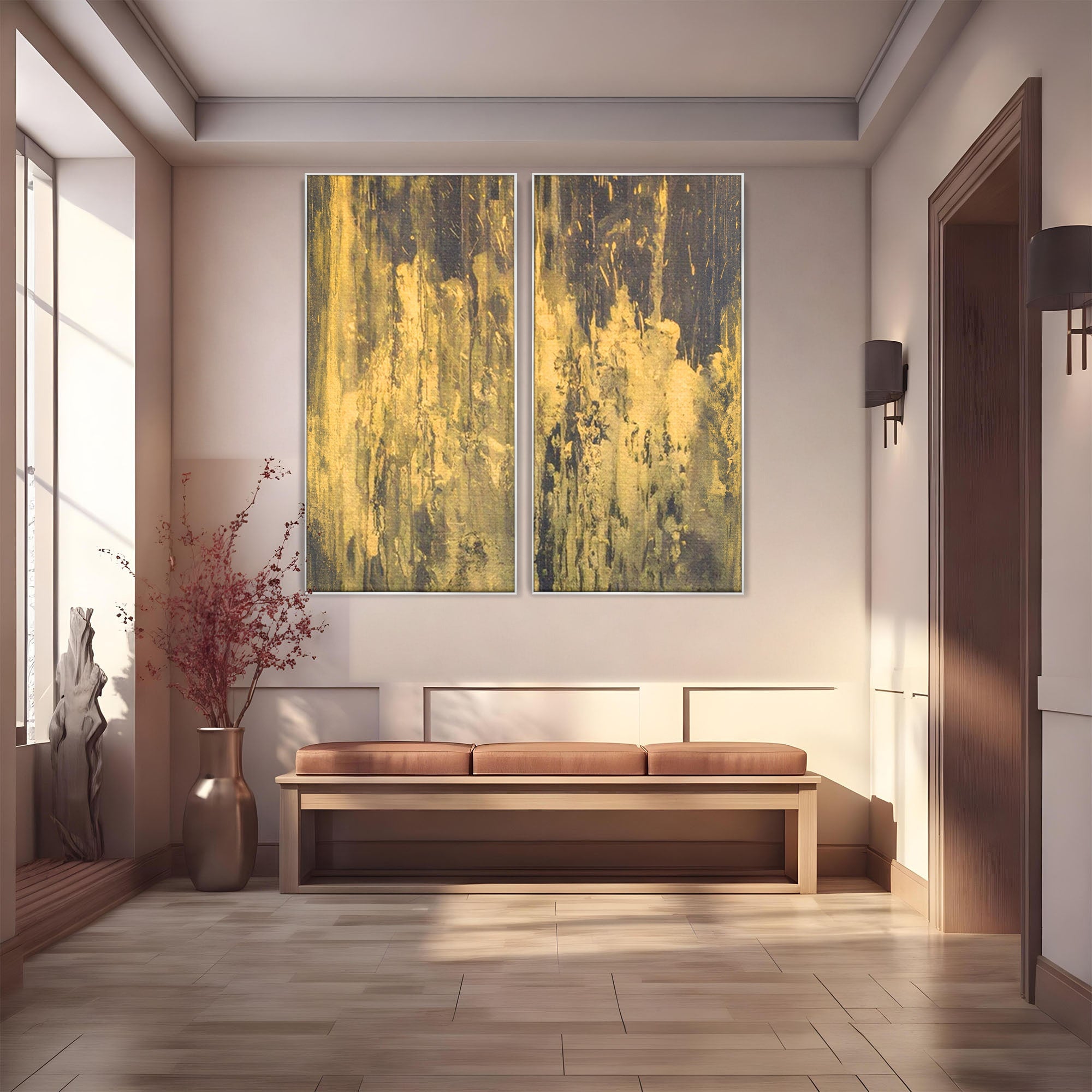 Set 2 Tablouri Canvas Premium LuxCanva® A2-1606, Vibratie Gold, Living, Abstract, Decorativ, Auriu, Dormitor, Culori Vibrante
