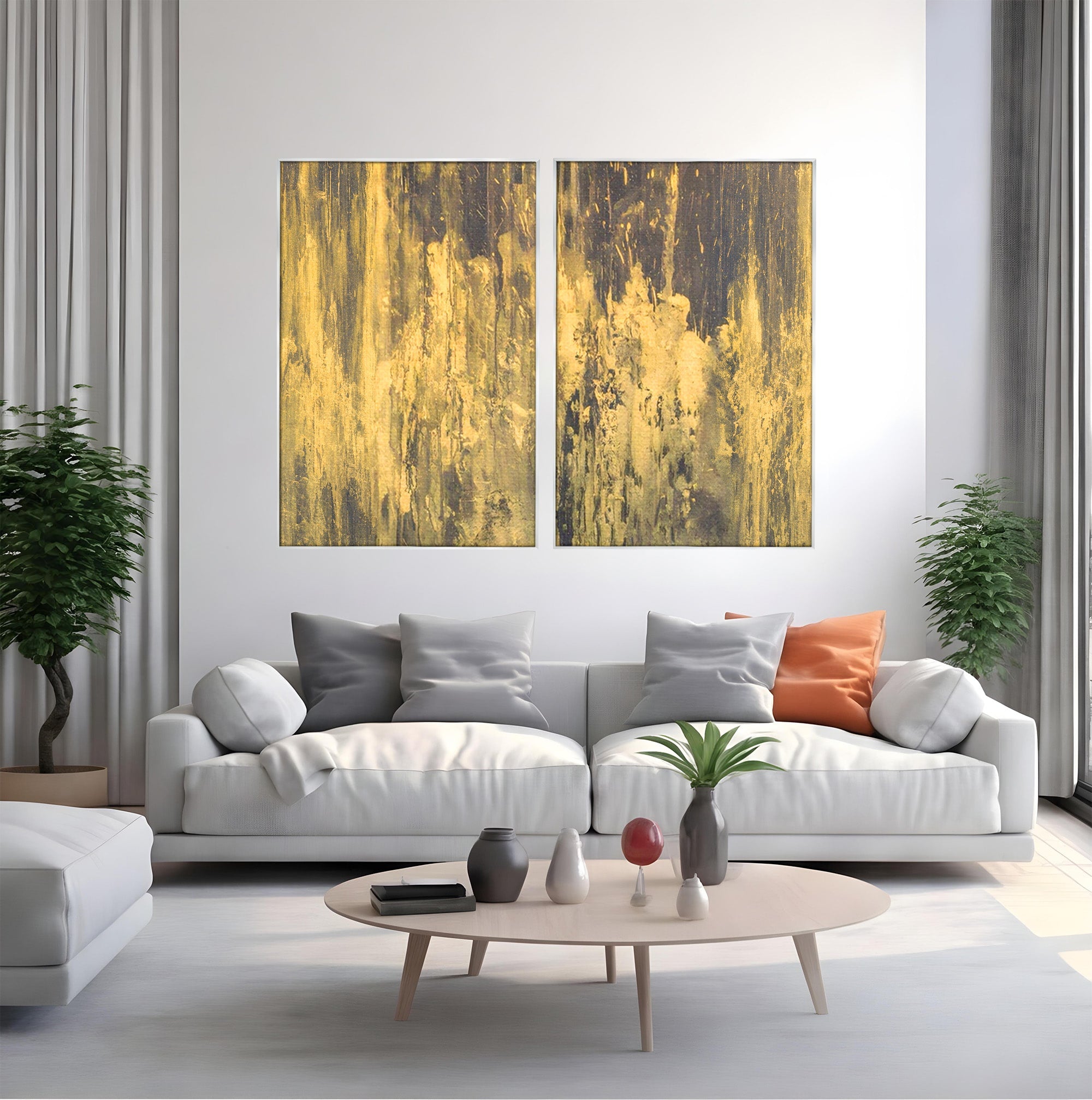 Set 2 Tablouri Canvas Premium LuxCanva® A2-1606, Vibratie Gold, Living, Abstract, Decorativ, Auriu, Dormitor, Culori Vibrante