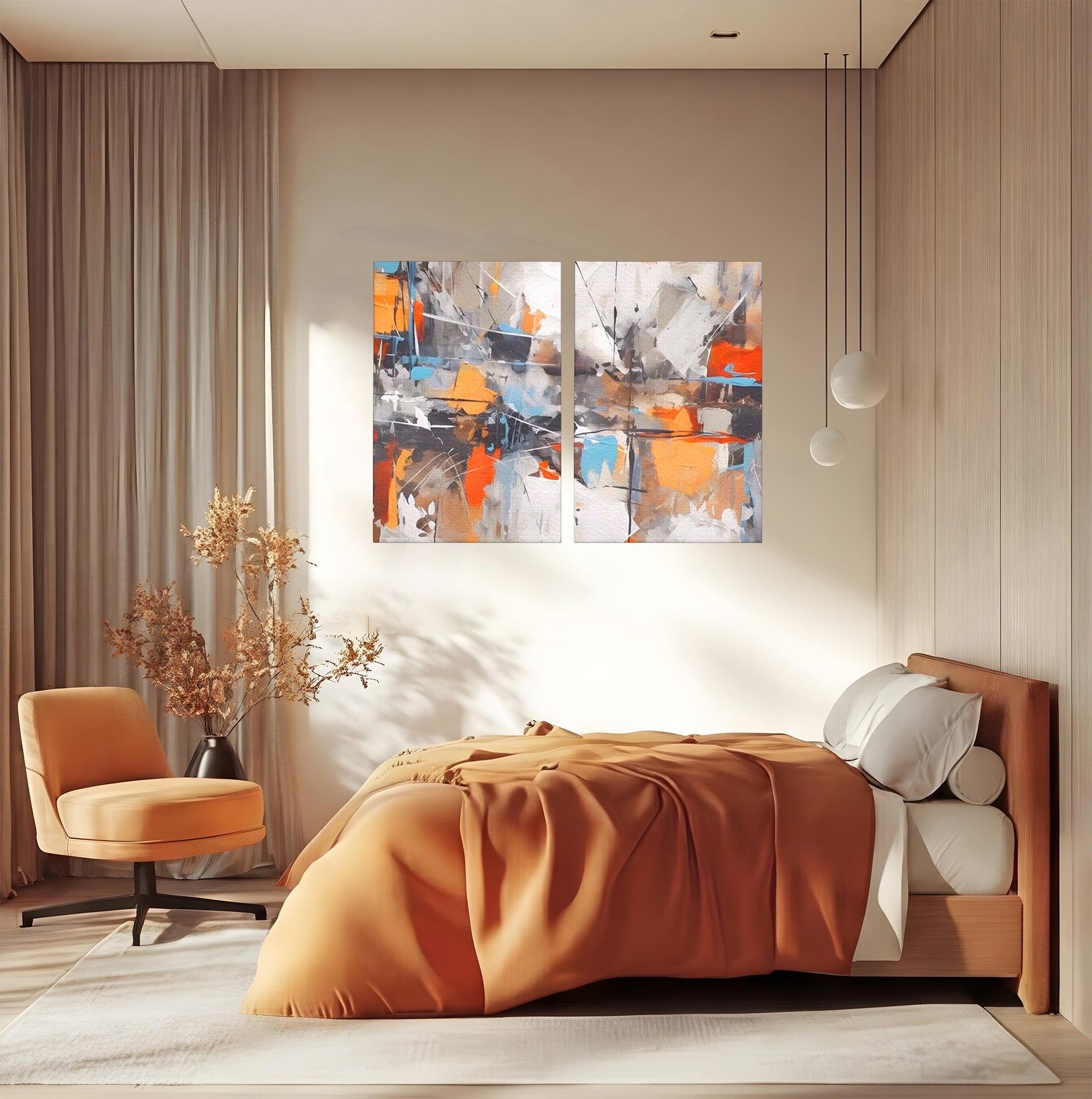 Set 2 Tablouri Canvas Premium LuxCanva® A2-1615, Un Dans Al Culorilor, Living, Blue, Linii, Pensulat, Decorativ, Dormitor, Culori Vibrante