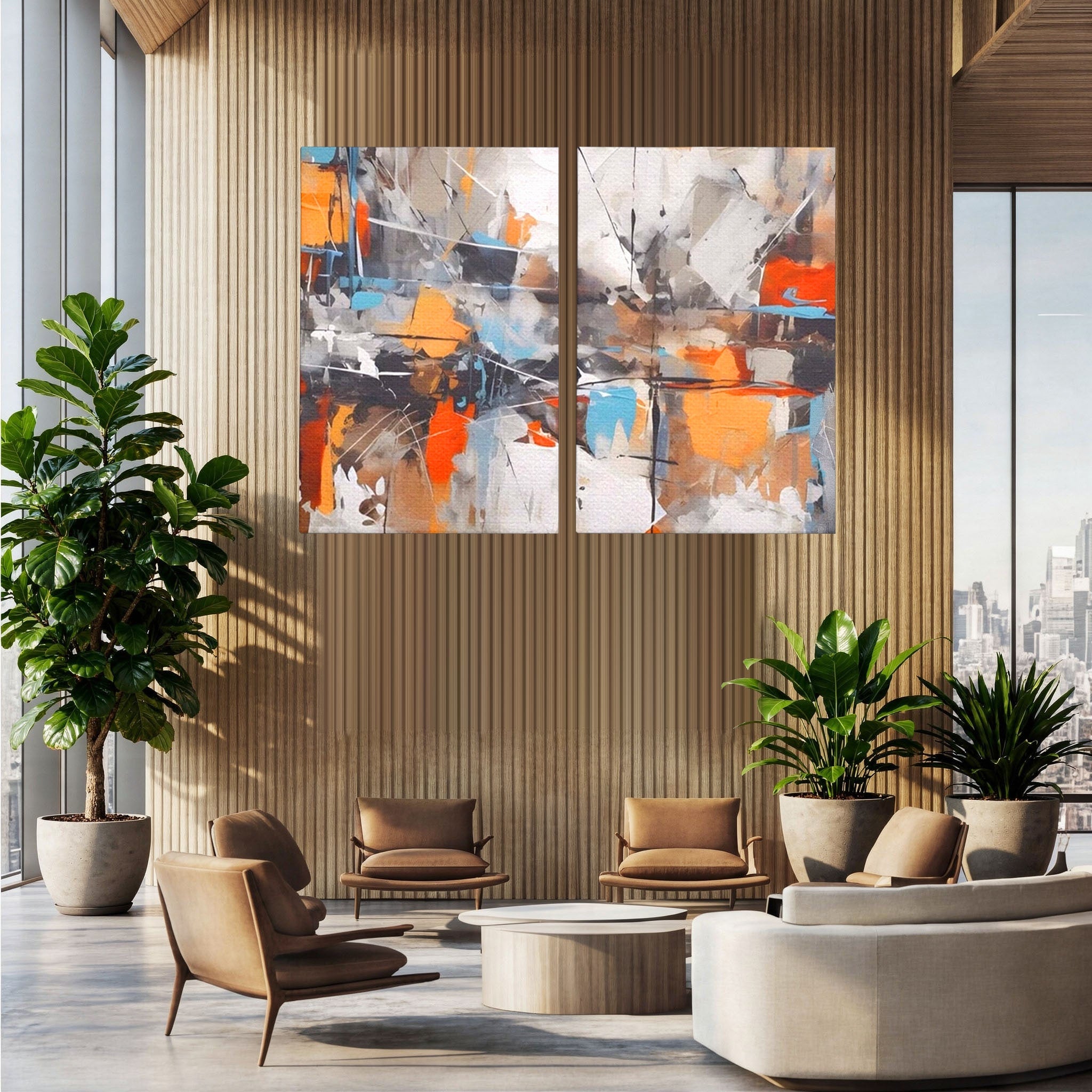 Set 2 Tablouri Canvas Premium LuxCanva® A2-1615, Un Dans Al Culorilor, Living, Blue, Linii, Pensulat, Decorativ, Dormitor, Culori Vibrante