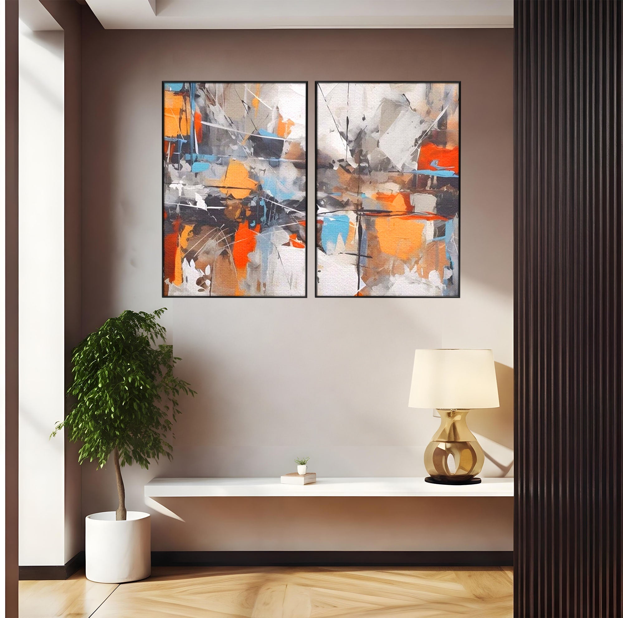 Set 2 Tablouri Canvas Premium LuxCanva® A2-1615, Un Dans Al Culorilor, Living, Blue, Linii, Pensulat, Decorativ, Dormitor, Culori Vibrante