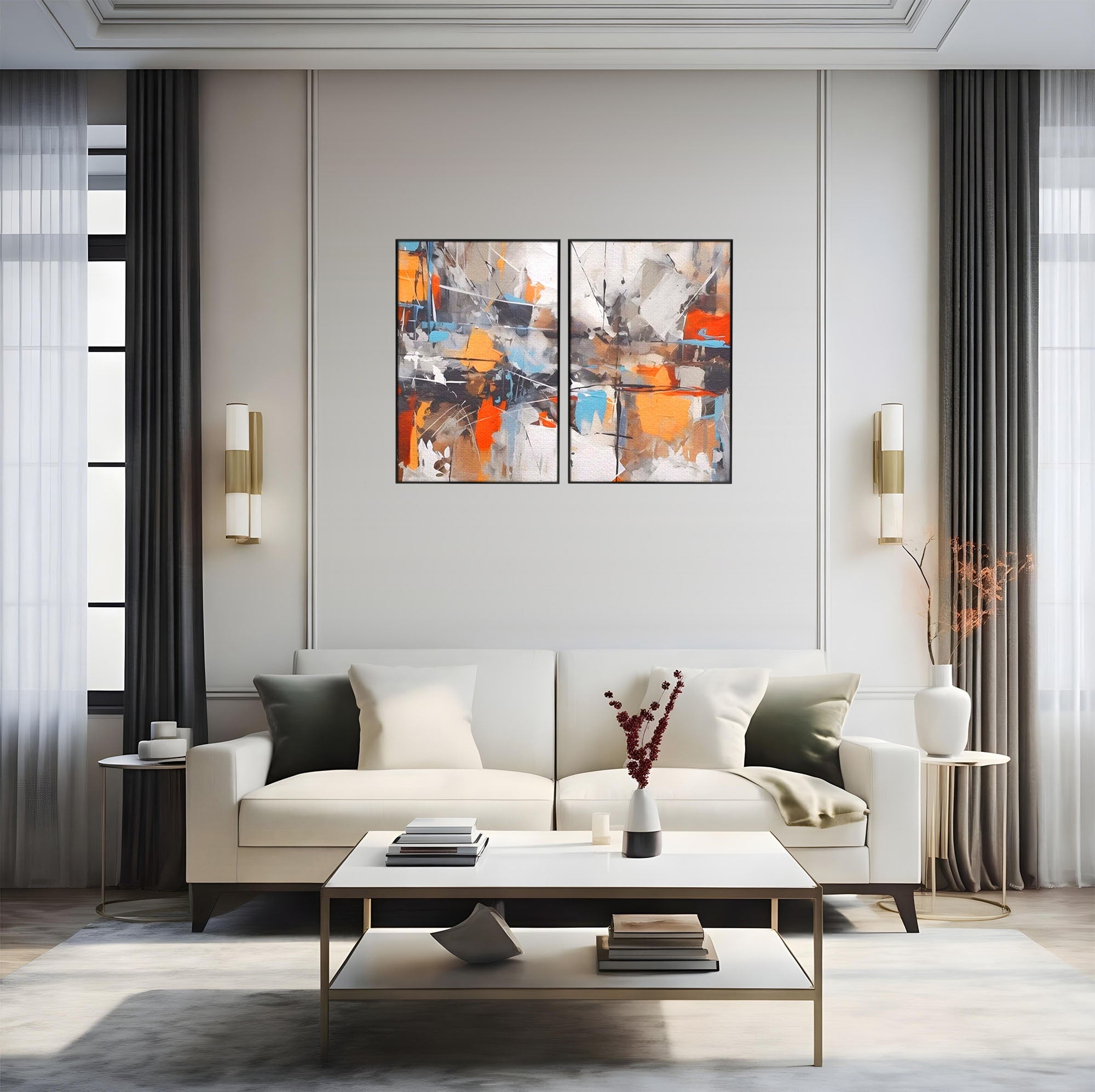 Set 2 Tablouri Canvas Premium LuxCanva® A2-1615, Un Dans Al Culorilor, Living, Blue, Linii, Pensulat, Decorativ, Dormitor, Culori Vibrante