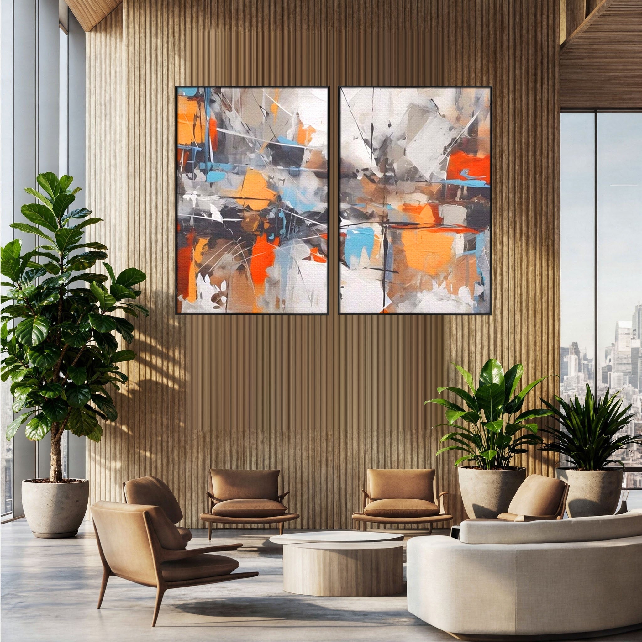 Set 2 Tablouri Canvas Premium LuxCanva® A2-1615, Un Dans Al Culorilor, Living, Blue, Linii, Pensulat, Decorativ, Dormitor, Culori Vibrante