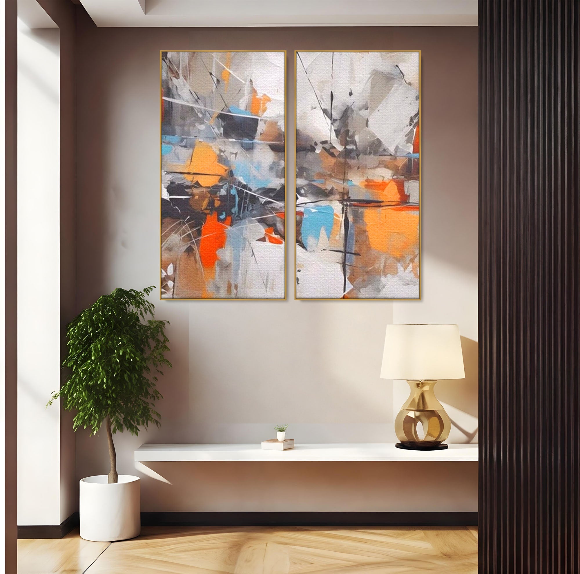 Set 2 Tablouri Canvas Premium LuxCanva® A2-1615, Un Dans Al Culorilor, Living, Blue, Linii, Pensulat, Decorativ, Dormitor, Culori Vibrante